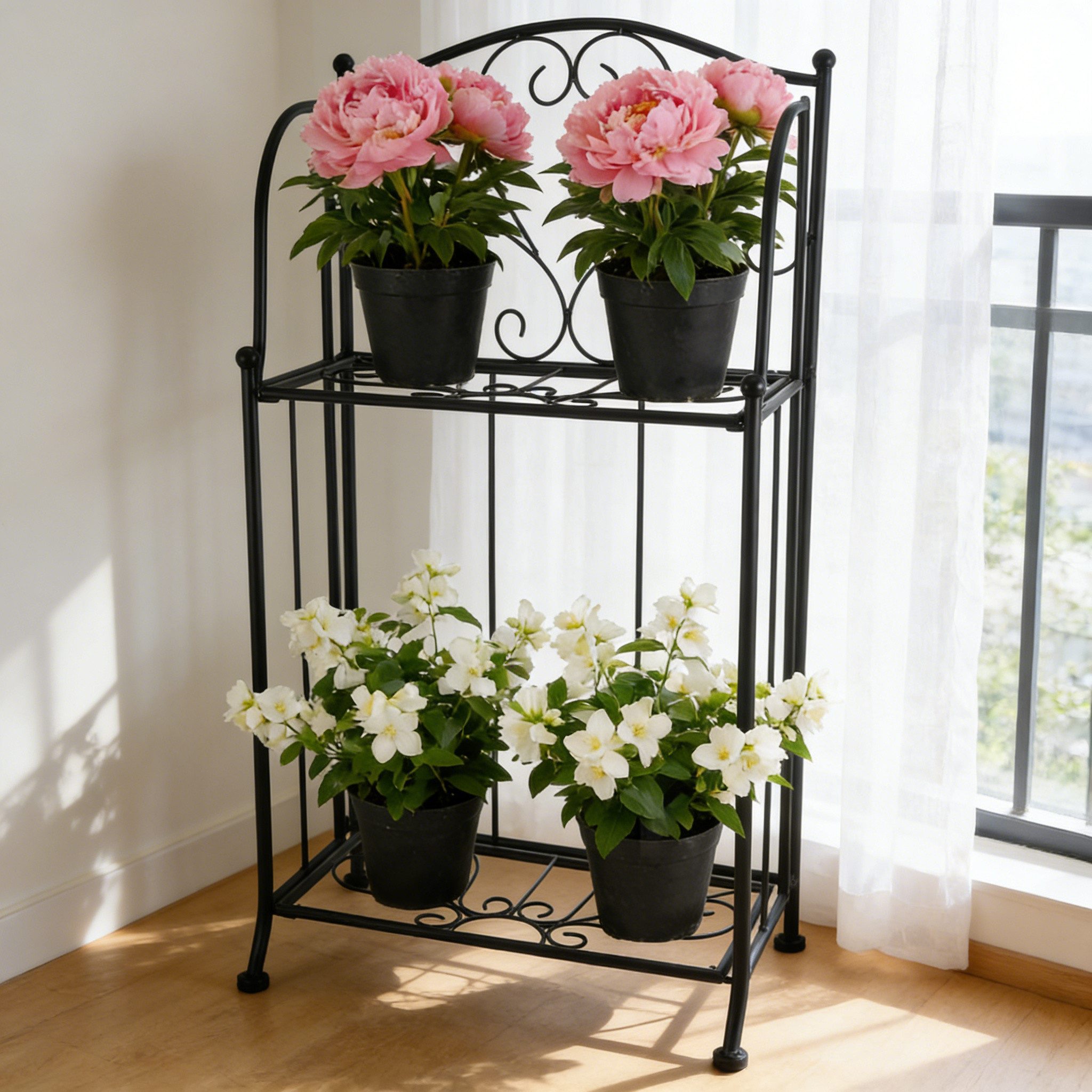 BlingBin Blumenständer Metall Pflanzenregal klappbar, Blumenregal mit 2 Ebenen für Balkon (1er Set, 1 St., 1tlg), Pflanzenständer für Balkon,Garten und Innenbereich,stabil & dekorativ