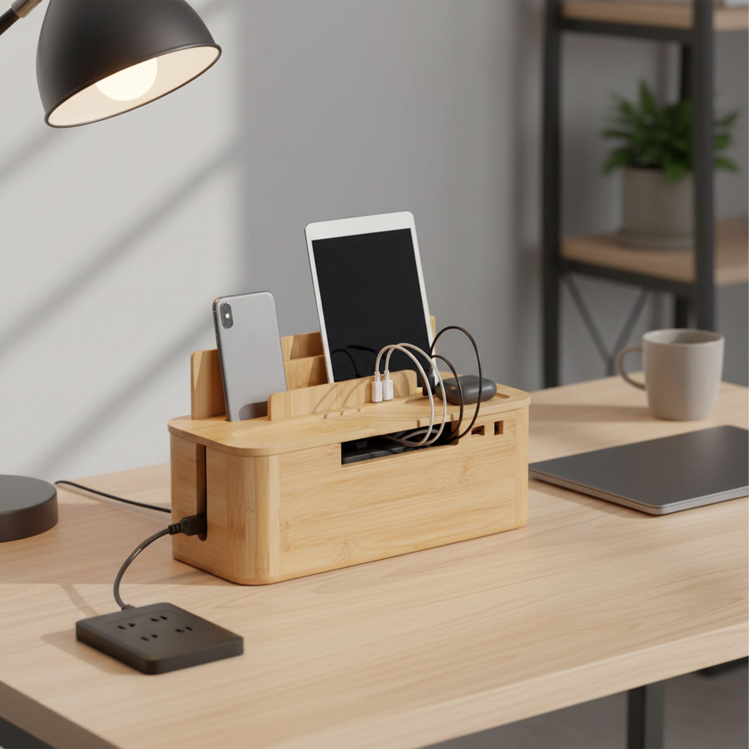 relaxdays Kabelbox mit Handyhalter Bambus günstig online kaufen