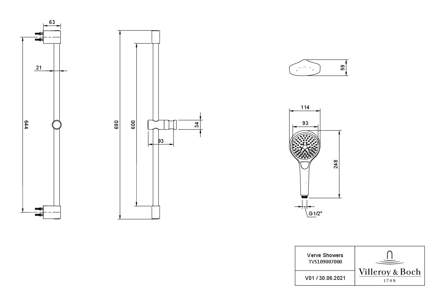 Chrom Boch Showers, Strahlarten mit & Villeroy Höhe Duschgarnitur Duschsystem - cm, 3 drei Verve Strahlart(en), 69