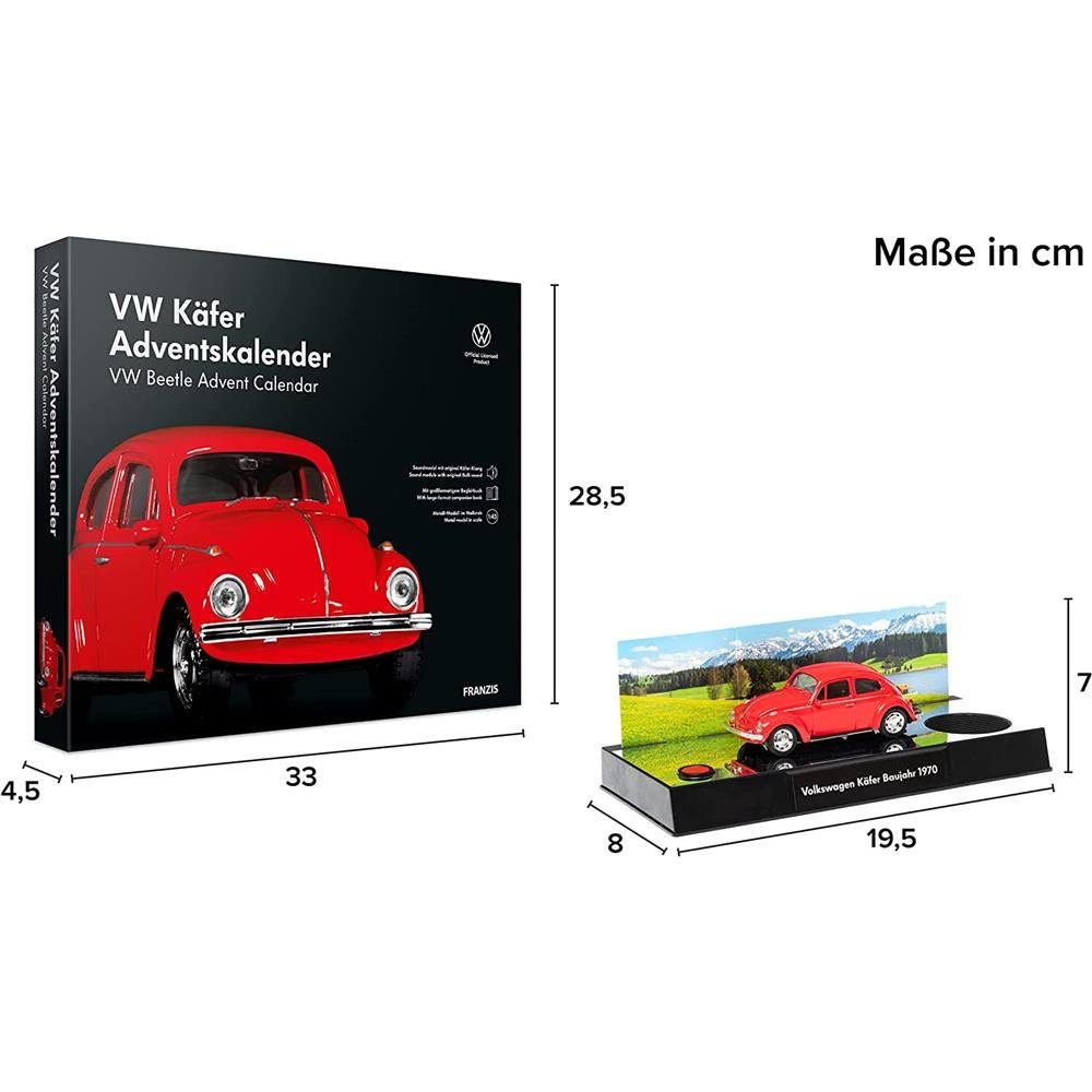 Adventskalender 1:43, Rot, aus VW Käfer, mit Modellbausatz, Metall, Sound Maßstab Franzis