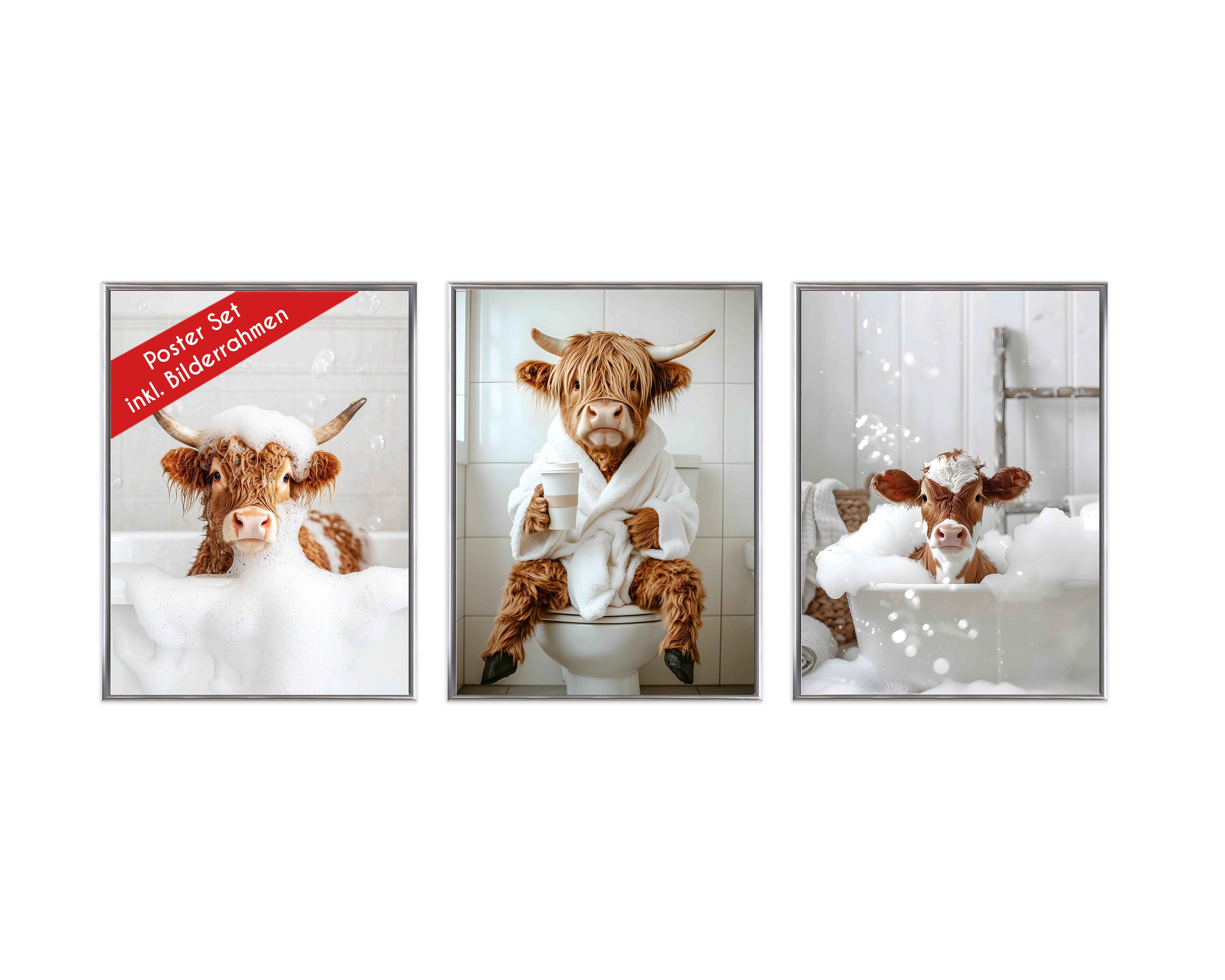 Wackadoo Living Poster Set inklusive Bilderrahmen, Shower Kuh (3er Set), Bildformat 30 x 40 cm