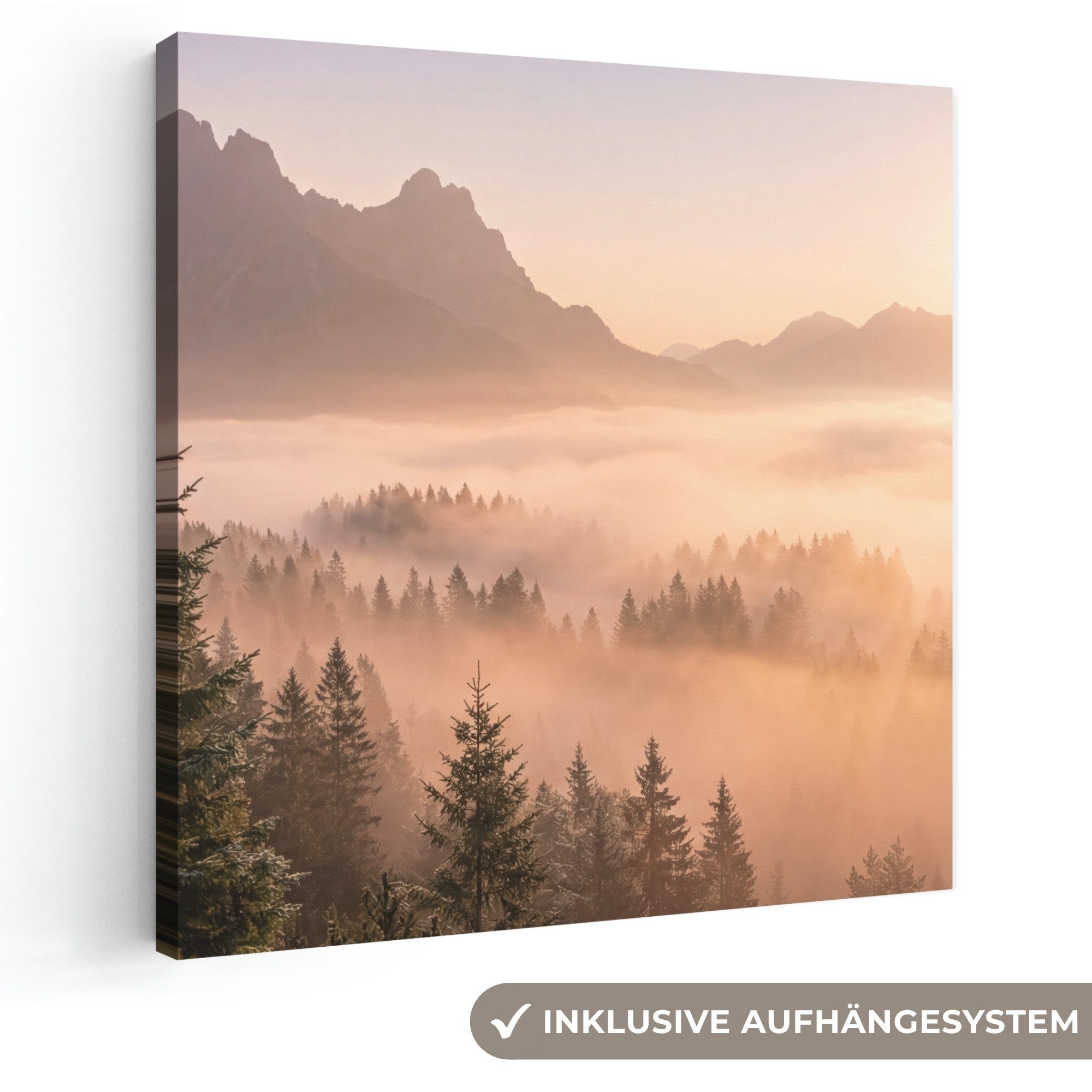 OneMillionCanvasses® Leinwandbild Sonnenlicht - Nebel - Berge - Bäume, Fotodruck (1 St), Wandbild, Deko Schlafzimmer Wohnzimmer Flur 20x20 cm