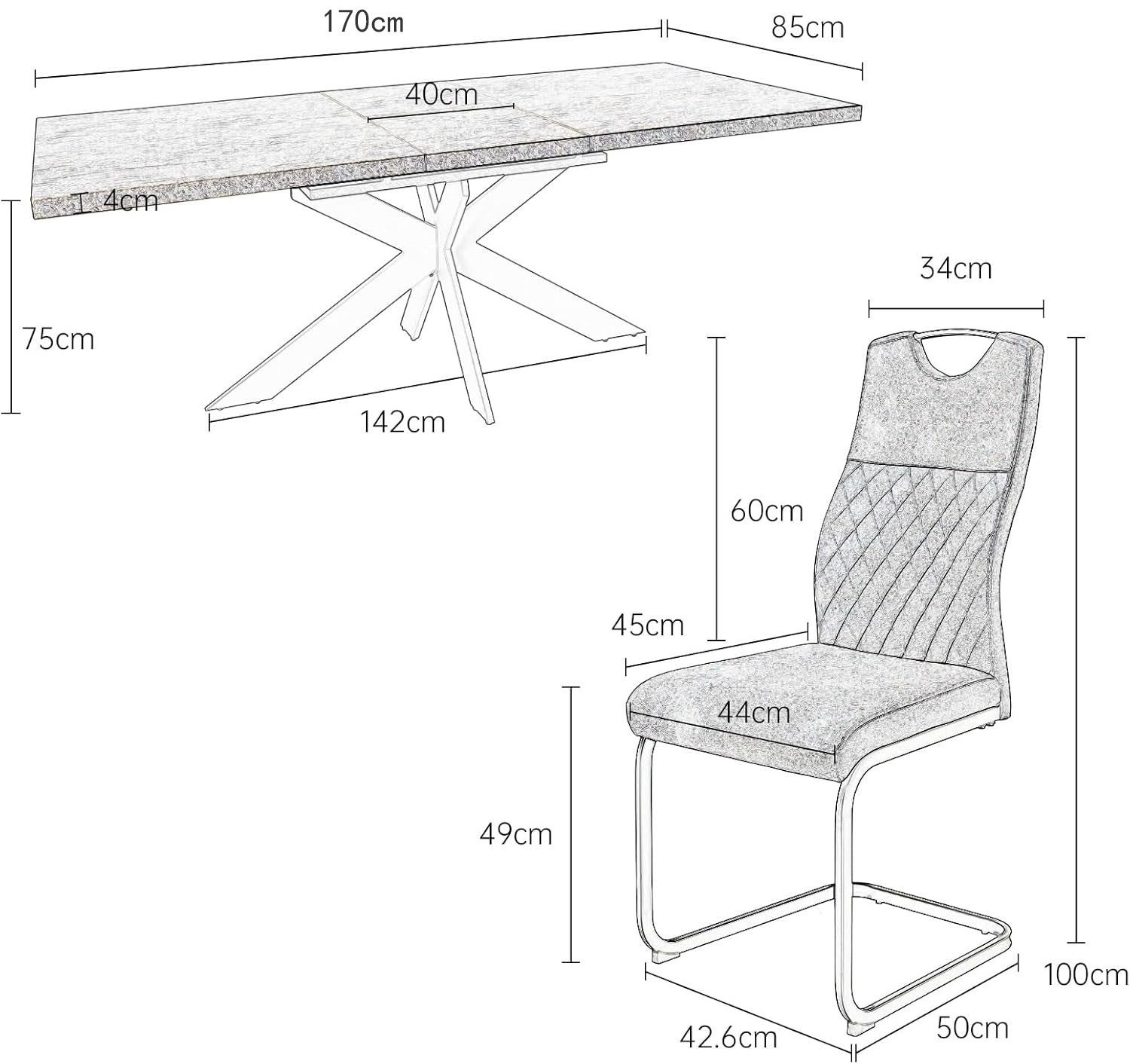 Jiexi Esstisch Tisch-und Stuhlset, Ausziehbarer Esstisch (130–170 cm) mit 4-6 Stühlen, ausziehbarer, hohe Härte, für 6 Personen – Bild 2 von 5