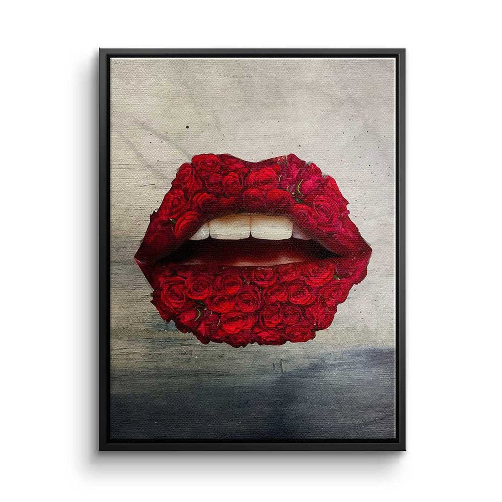 DOTCOMCANVAS® Leinwandbild, Premium Leinwandbild - Pop Art - Lippen X Rosen - modernes Wandbild schwarzer Rahmen