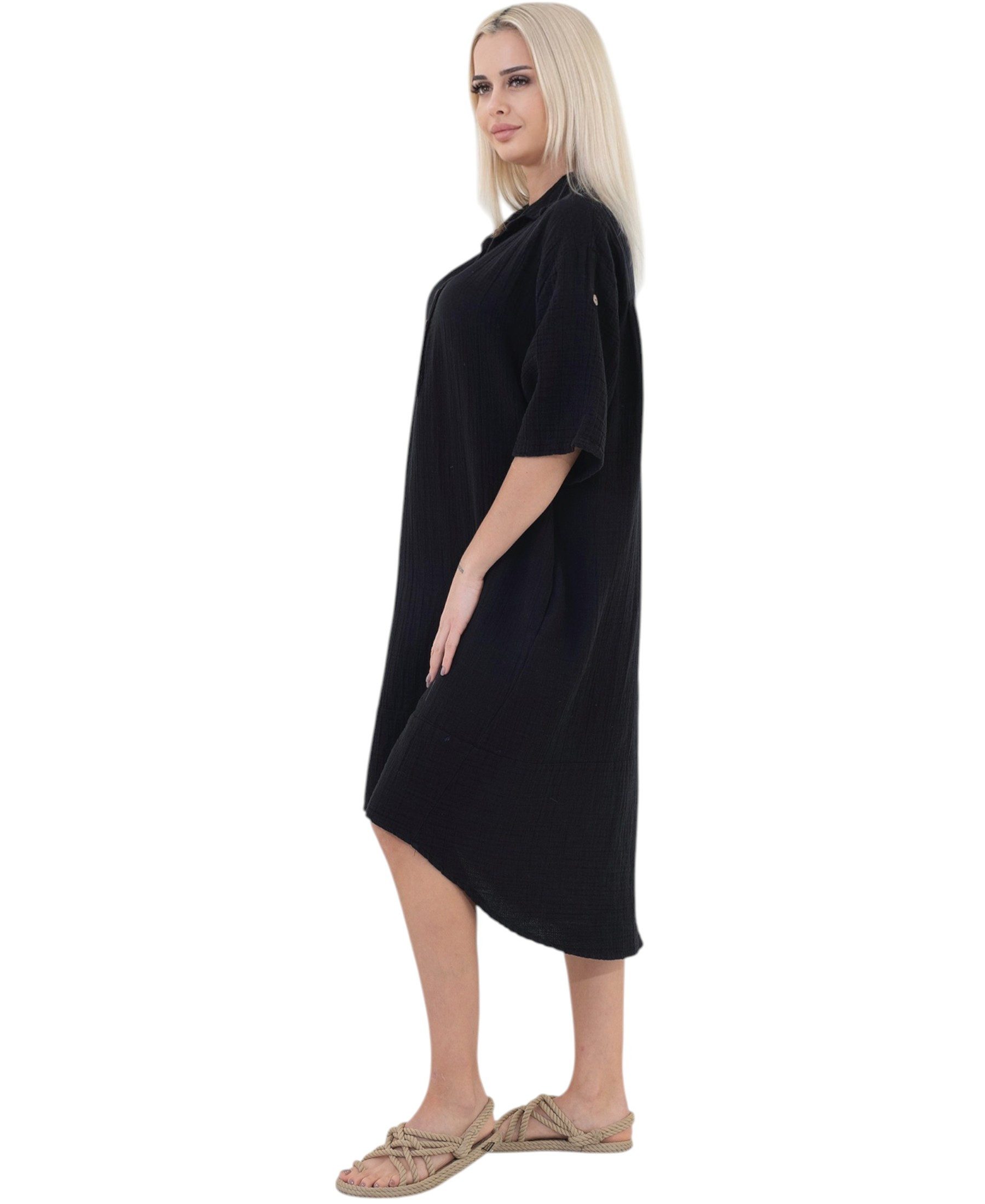 WENOR Blusenkleid Musselin Damen Tunika Kleid Baumwolle Oversize Sommerkleid Locker geschnitten mit Hemdkragen, Knopfleiste und Seitentaschen