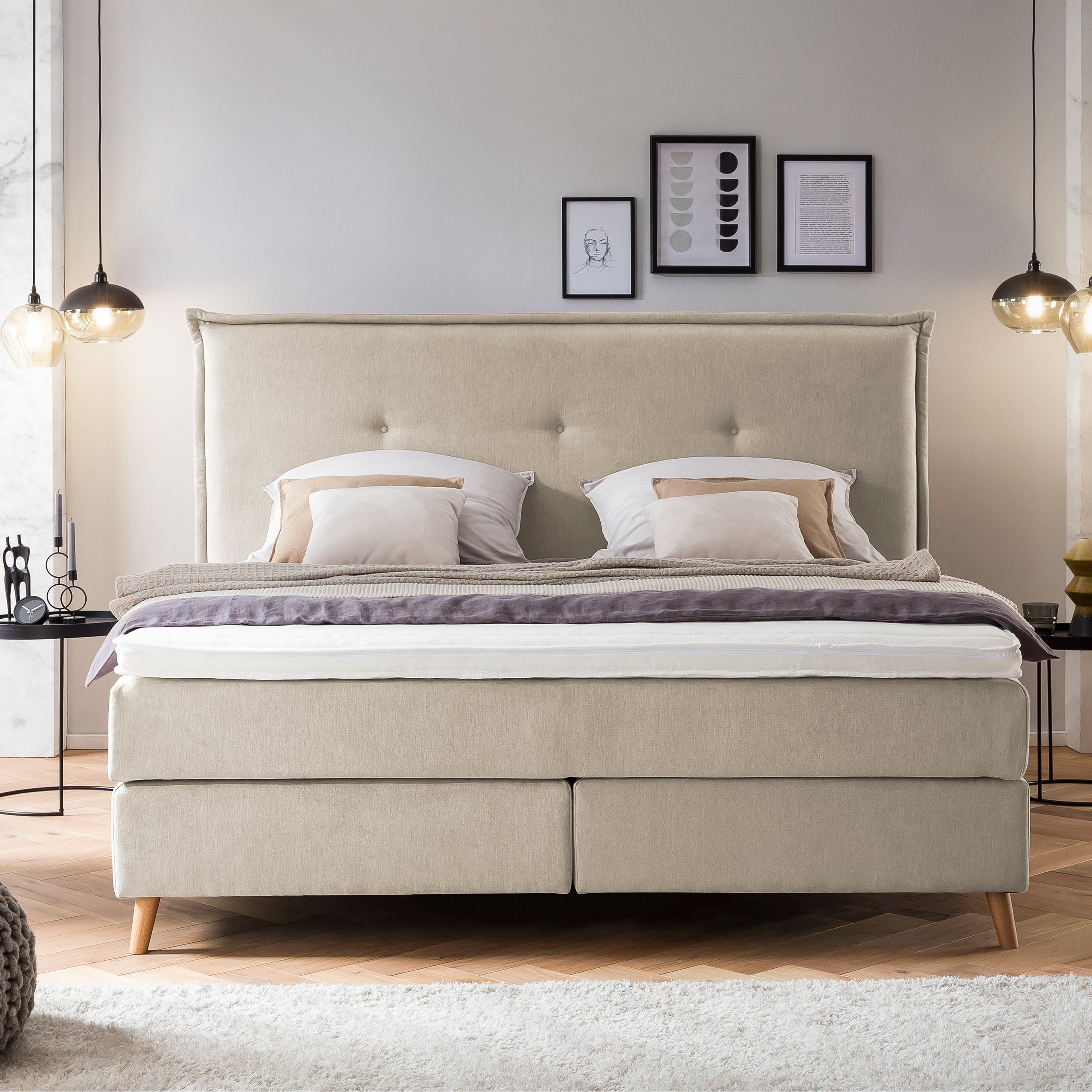 Möbelfreude Boxspringbett Aurel, 180x220 cm Beige H3, 7-Zonen Tonnentaschenfederkern Matratze & Visko-