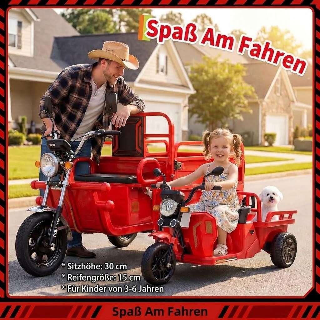 GarveeMore Elektro-Kinderauto 3-Rad Elektro-Fahrzeug für Kinder mit Anhänger & Schaufel, 12V