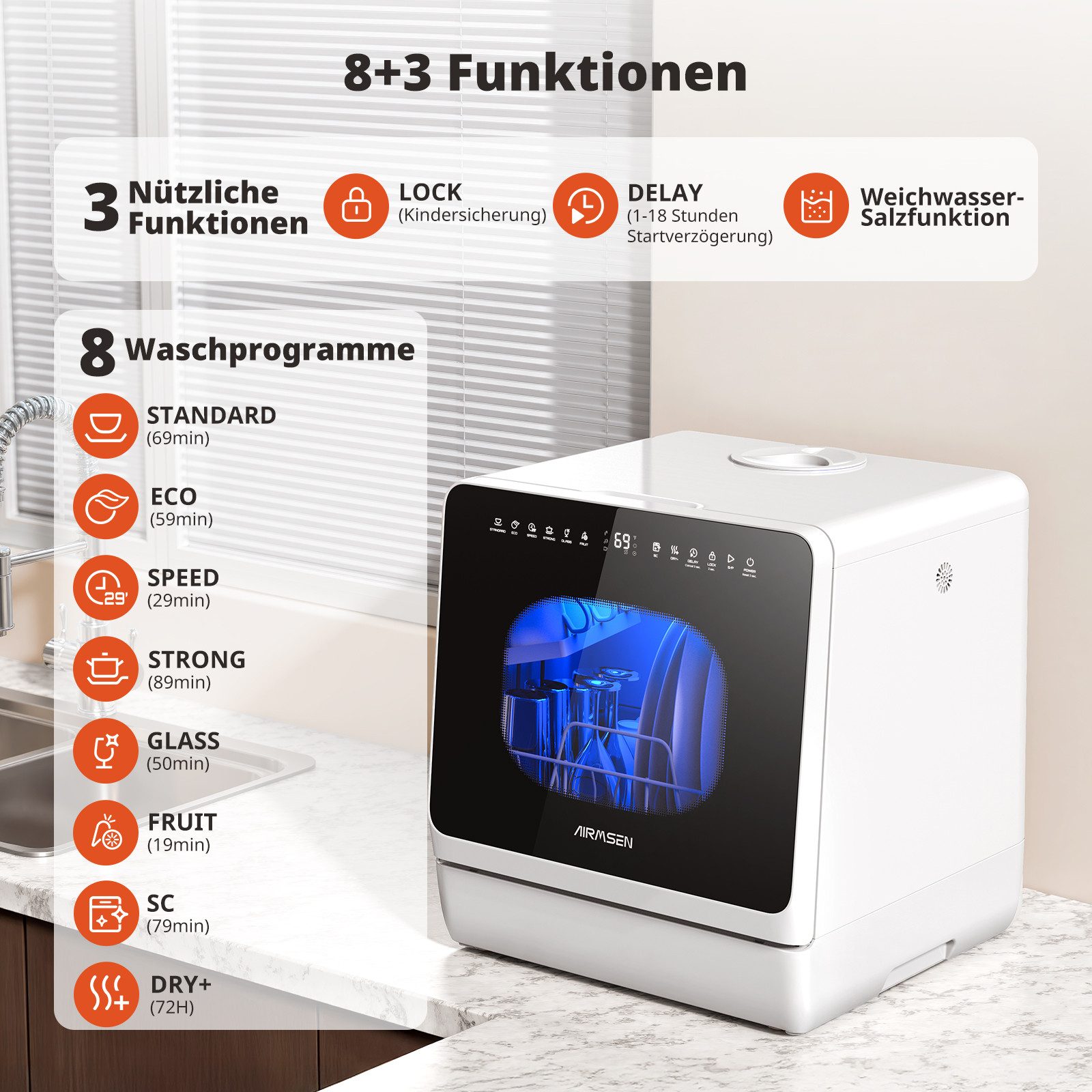 Airmsen Tischgeschirrspüler Mini Geschirrspüler mit 5L Wassertank,Kindersicherung & 18h verzögerter Start TDQR09A, 5 l, Salzbehälter,7 Spülprogramme, Heißlufttrocknung, 360°nahtlose Reinigung