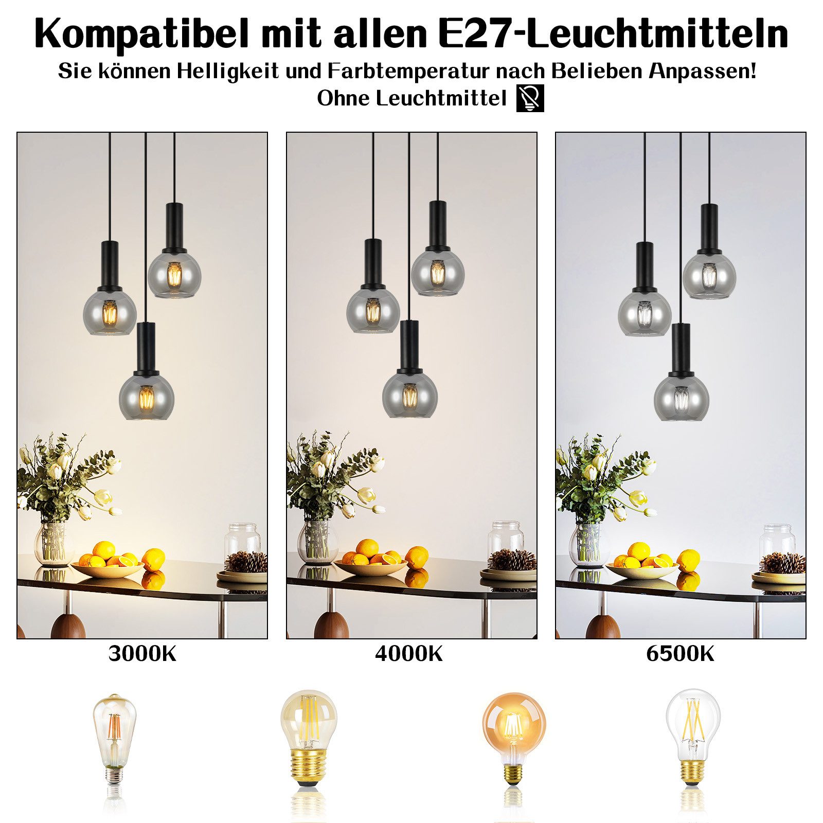 Nettlife Pendelleuchte Vintage Esstisch Glas Schwarz Industrial E27 Wohnzimmer, Höhenverstellbar, LED wechselbar, Esstischlampe für Wohnzimmer Küche