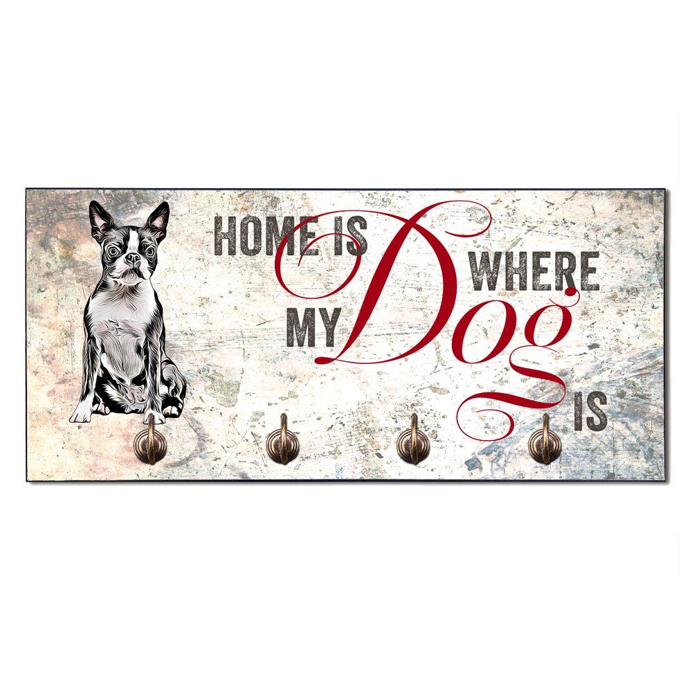Cadouri Wandgarderobe 4 MDF, abgeschrägten für - Haken), Hundebesitzer TERRIER BOSTON mit Hundegarderobe Hundezubehör handgefertigt, Ecken, (Garderobe mit Wandboard für
