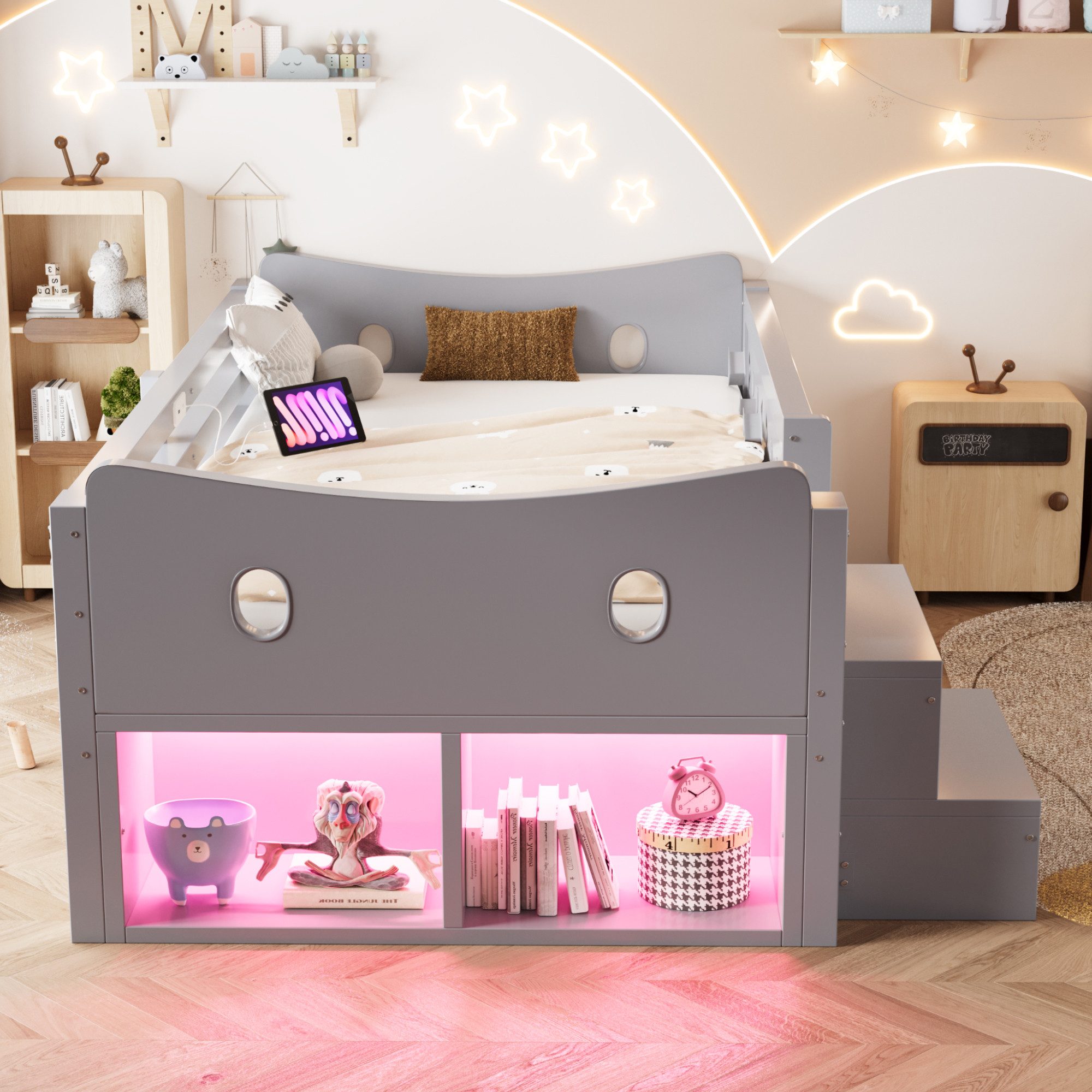 Merax Kinderbett 90×200cm mit LED-Beleuchtung und USB- & Typ-C-Anschluss (1-tlg., Einzelbett Hausbett aus Kiefernholz), Jugendbett mit 4 Schubladen, Sicherheits – Bild 2 von 5
