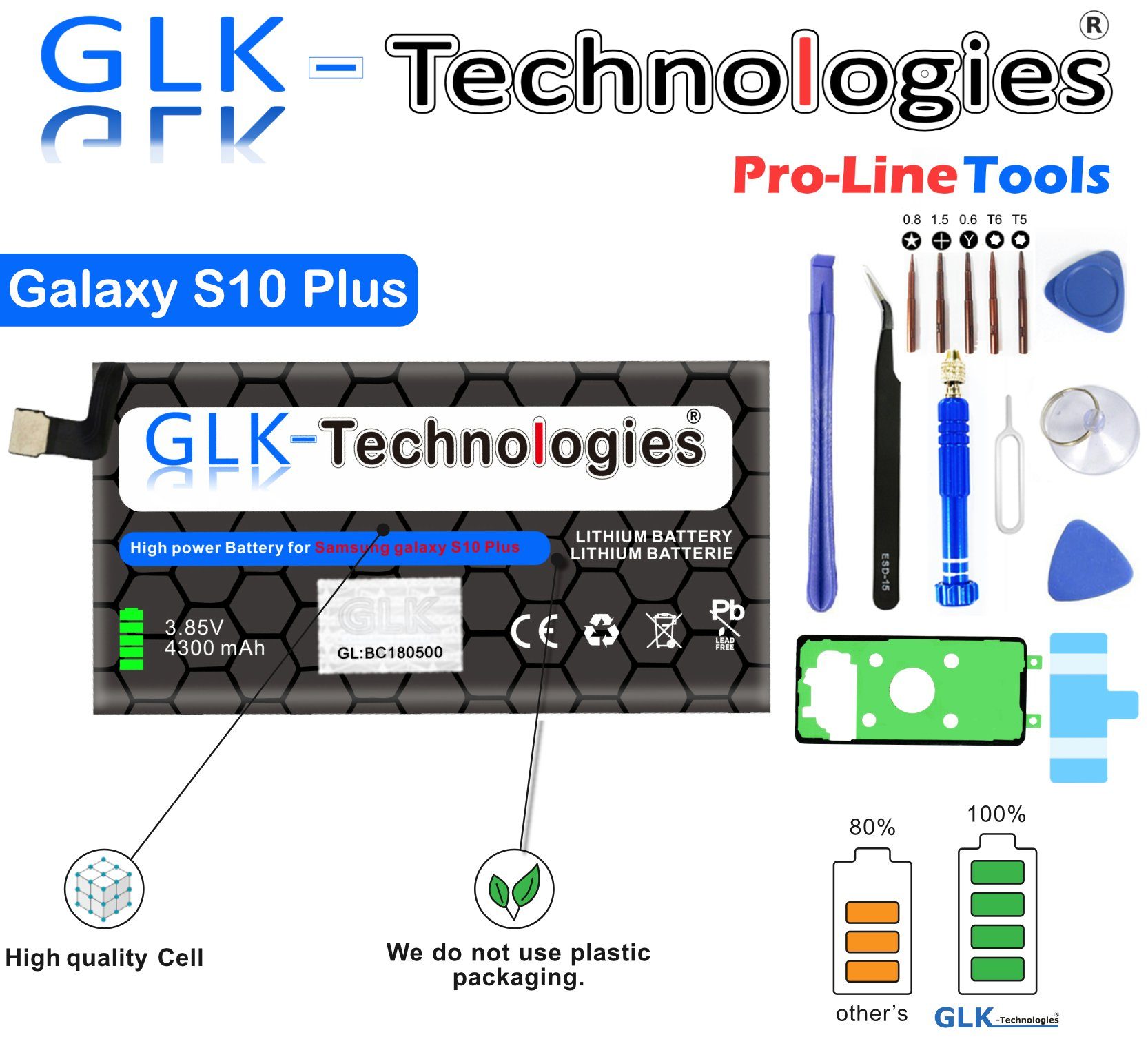 GLK-Technologies High Power Ersatzakku kompatibel mit Samsung Galaxy S10 Plus S10+ G975 EB-BG975ABU Smartphone-Akku 4300 mAh (3.8 V)