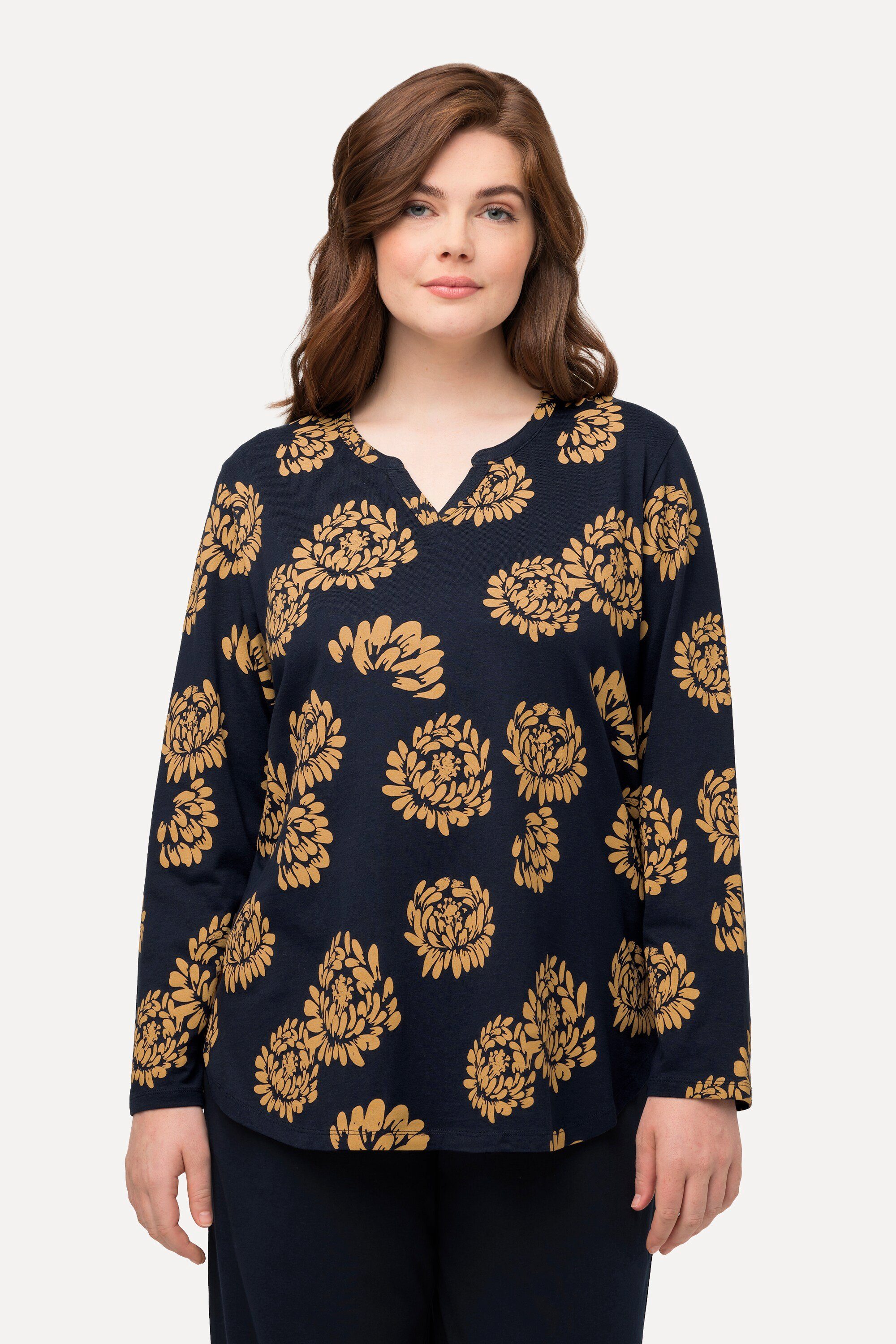Ulla Popken Pyjama-Shirt Tunika-Ausschnitt floraler marine Pyjamaoberteil Druck