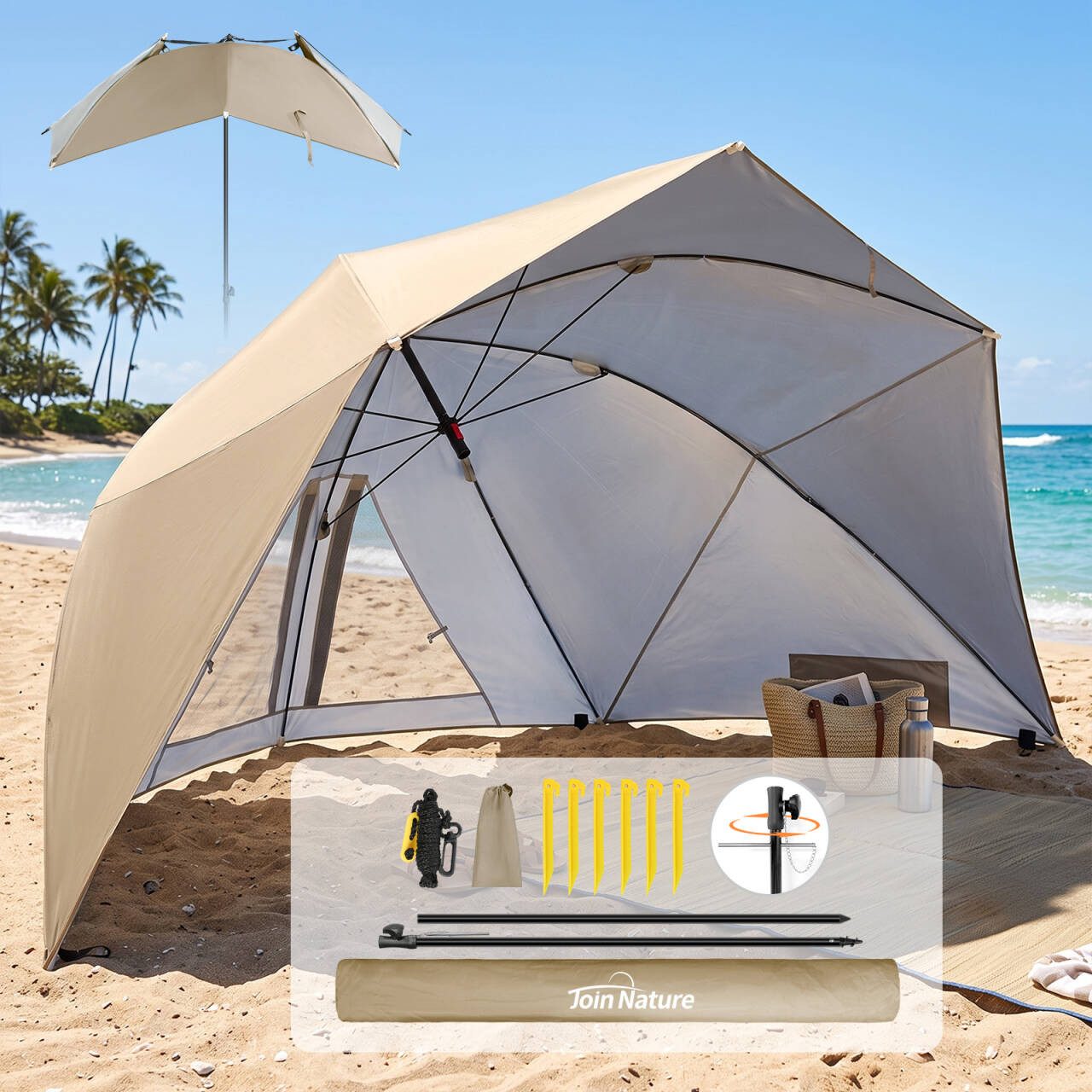 HOMECALL Strandmuschel 2 in 1 Strandschirm Umschaltbar Ø 270cm Sonnenschirm Strand Groß, (mit Fenster - Windschutz Strand, Regendicht, UV50+ Sonnenschutz), Gartenschirm für 2-3 Personen