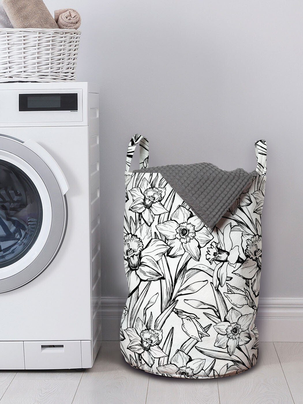 Skizze-Kunst für Wäschekorb Kordelzugverschluss Blumen Wäschesäckchen mit moderne Waschsalons, Narzissen Griffen Abakuhaus