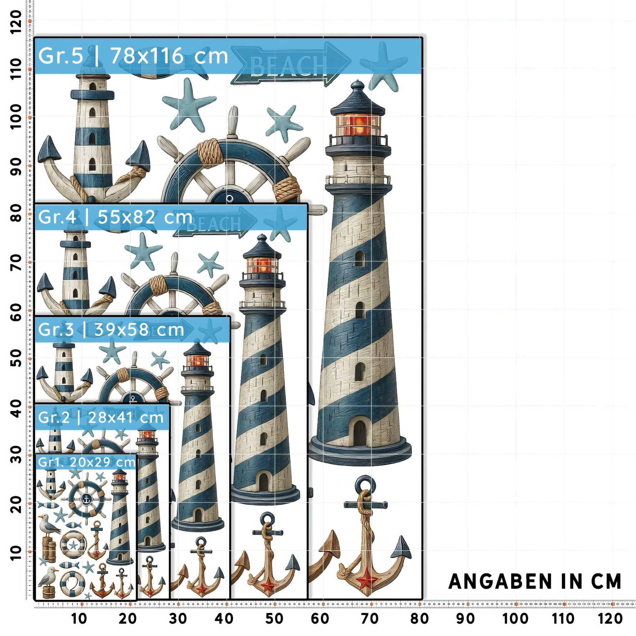 Sunnywall Wandtattoo Aufkleber Maritim Set – Leuchtturm, Möwen, Anker & Seesterne, selbstklebend, konturgeschnitten, rückstandslos entfernbar – Bild 5 von 5