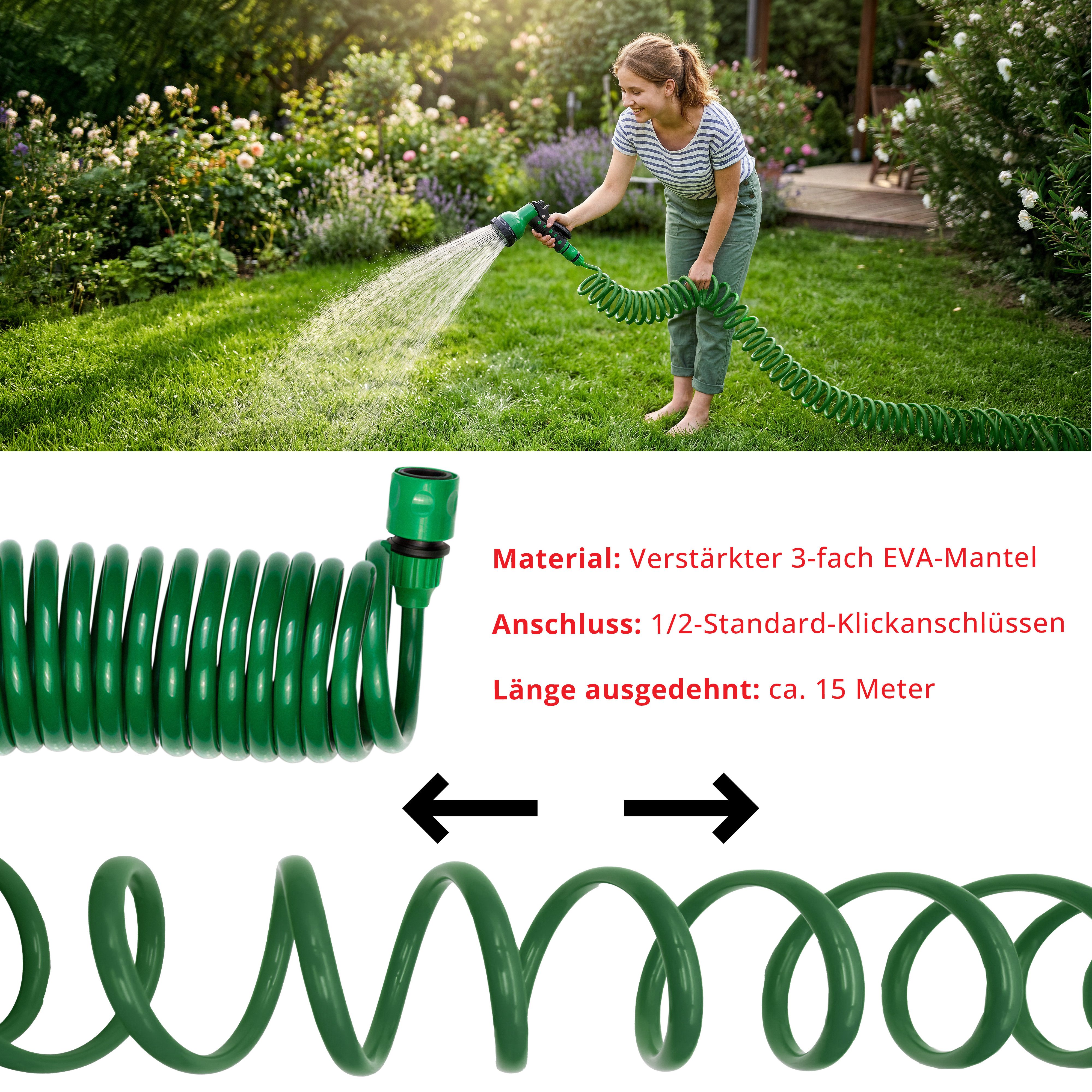 Grafner Gartenschlauch Gartenschlauch Spiralschlauch 15m 1/2" inkl. 8 Funktionen Brause, ausgedehnt ca. 15 Meter, Kein Platzen! Dornen und Sträucher – Kein Prob – Bild 4 von 5