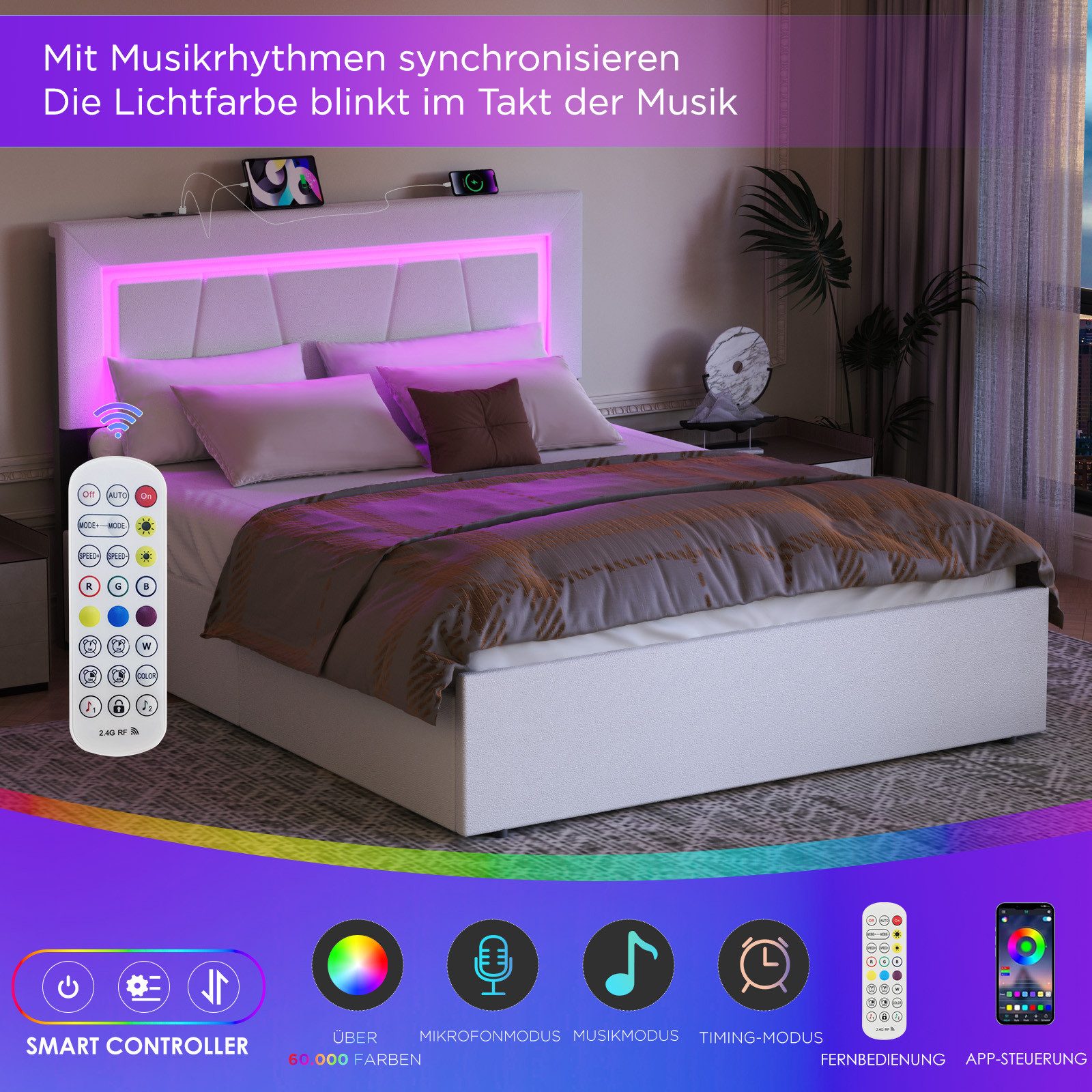 oyajia Polsterbett LED Doppelbett 140x200 cm, mit 4 Schubladen und Lattenrost (Kopfteil mit stauraum und USB-Ladefunktion, Polsterbett mit Metall Bettgestell, P – Bild 4 von 5