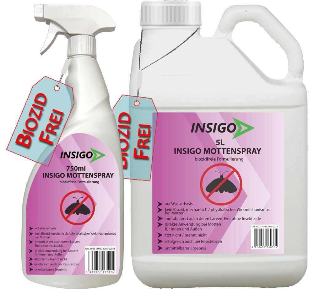 INSIGO Insektenspray Mottenspray, Motten Bekämpfung, 5.75 l, biozidfreie Formel, auf Wasserbasis, geruchsarm, brennt / ätzt nicht