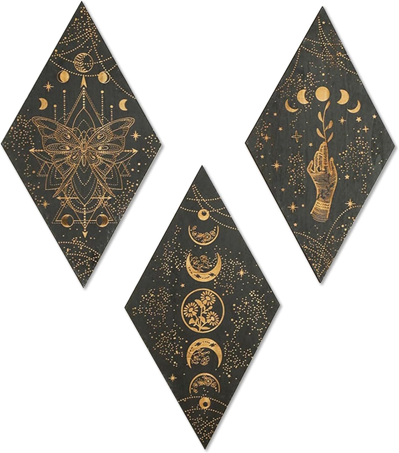 Wiladu Wanddekoobjekt 3er-Set Mondphasen Wanddeko aus Holz, Wohnzimmer Schmetterling Boho