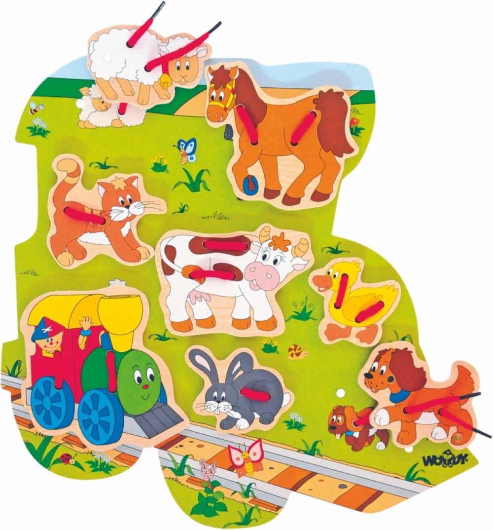 Woodyland Lernspielzeug 93027 Fädelpuzzle mit 7 Tierfiguren, 1 Lok und 8 roten Kordeln, Lern- und Motorikspiel das die Hand-Auge Koordination fördert