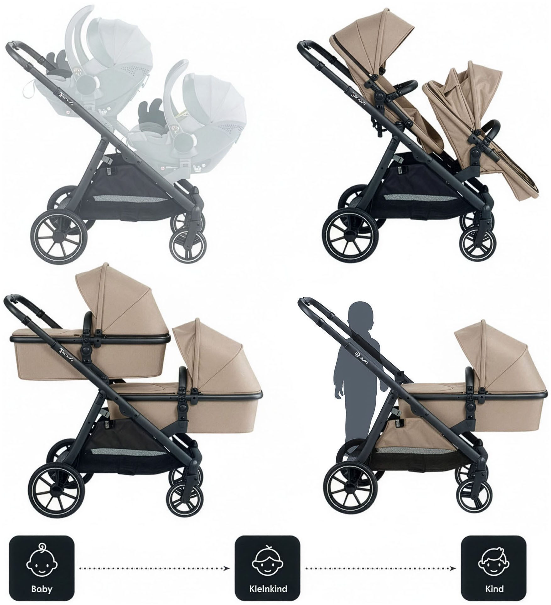 BabyGo Zwillings-Kombikinderwagen Duo, (Set), inkl. Wickeltasche u. 2 Regenhauben – Bild 4 von 5