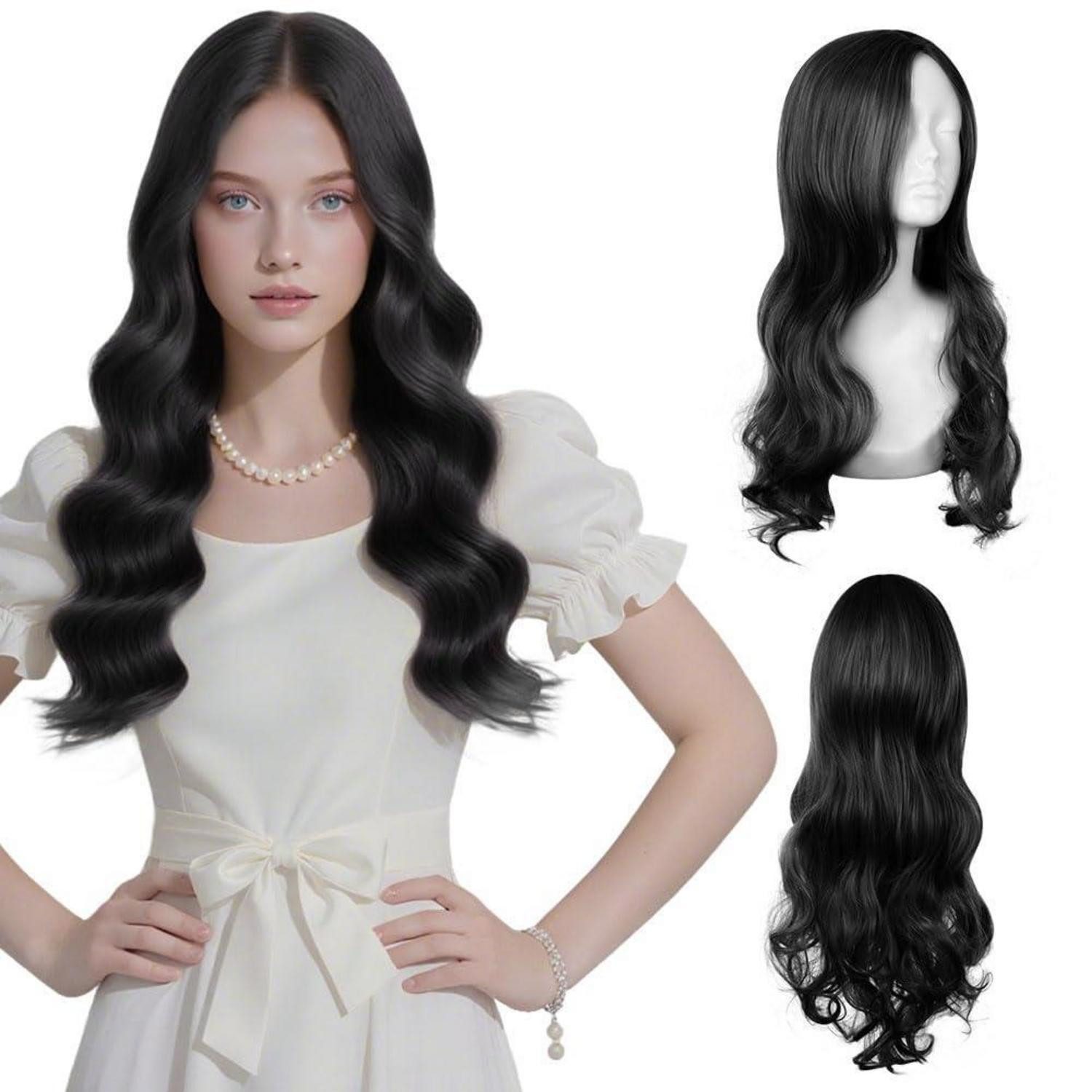 Kostüm-Perücke Perücke Damen Locken synthetisch schwarz 66cm Cosplay 2PC-66cm-Schwarz
