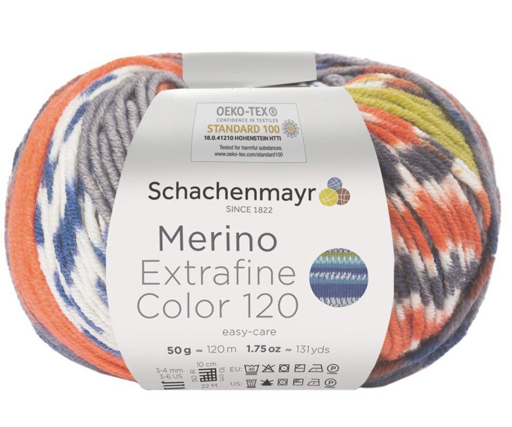 Schachenmayr Wolle Merino Extrafine Color 120, Merinowolle Häkelwolle, 120,00 m (zum Stricken und Häkeln, musterbildend, mit Farbverlauf, Strickgarn, Strickwolle, Handstrickgarn), trocknergeeignet
