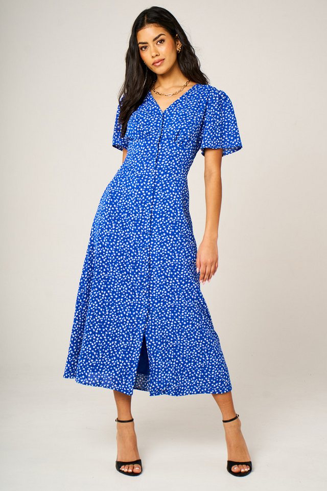 FS Collection Sommerkleid Damen Midikleid Sommerkleid Freizeitkleid mit Knopfleiste V-Ausschnitt (XS (EU:36 / UK:8) · S (EU:38 / UK:10) · M (EU:40 / UK:12) · L (EU:42 / UK:14) · XL (EU:44 / UK:16) Knopfleiste, Allover-Blumenmuster, geraffte Taille am Rück