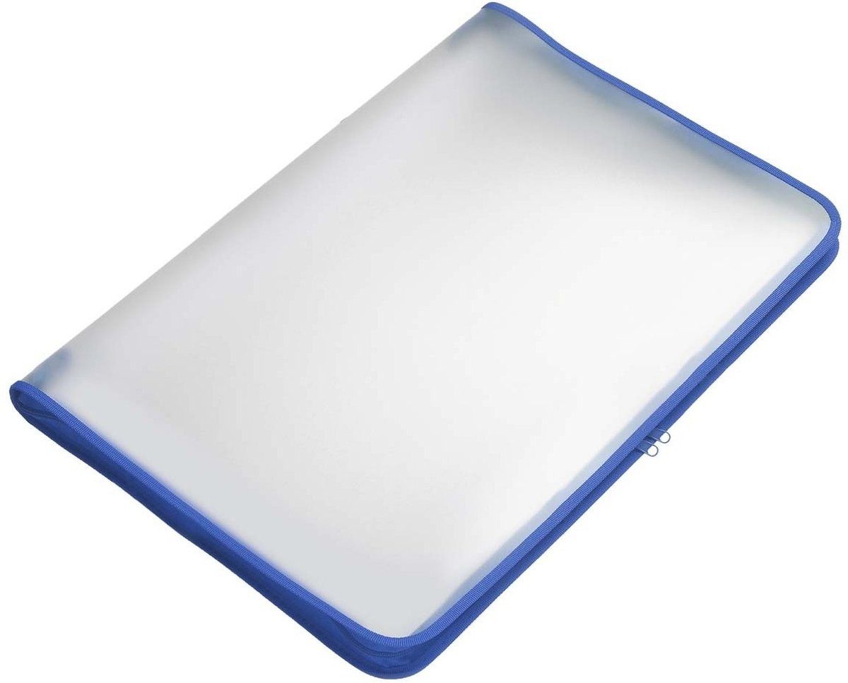 Prospekthülle Reißverschluss-Tasche A3 PP farblos transluzent Zip blau.
