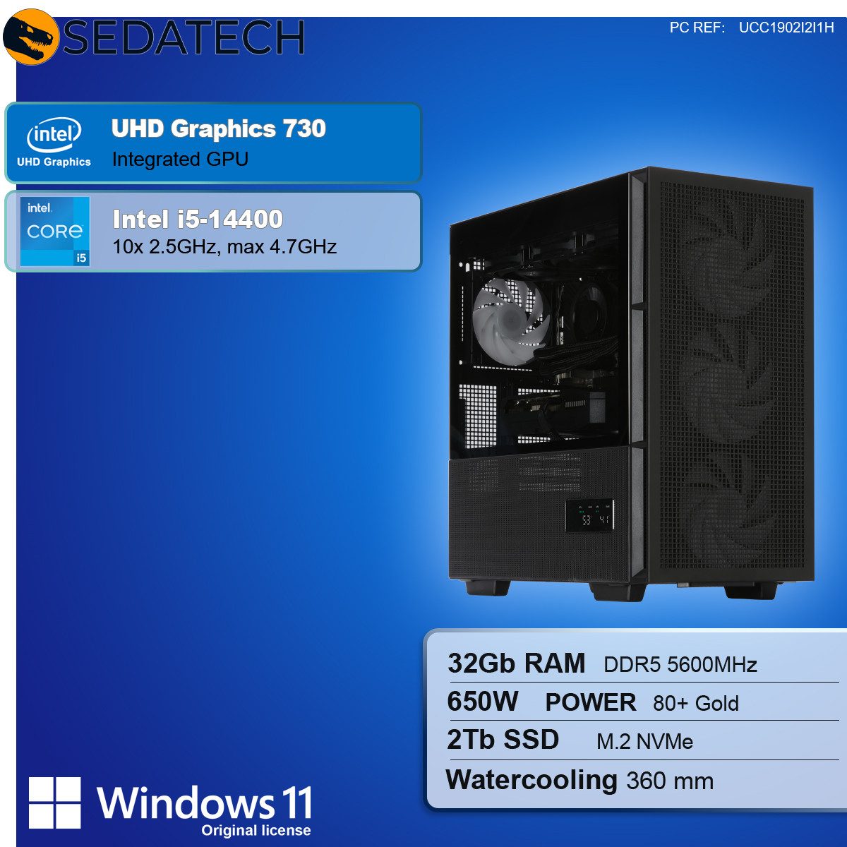 Sedatech UCC1902I2I1HF - Watercooling Office PC (Intel Core i5 14400 10x 2.5GHz (max 4.7GHz), Intel UHD Graphics 730, 32 GB RAM, 2000 GB SSD, Watercooling, Wlan 6)