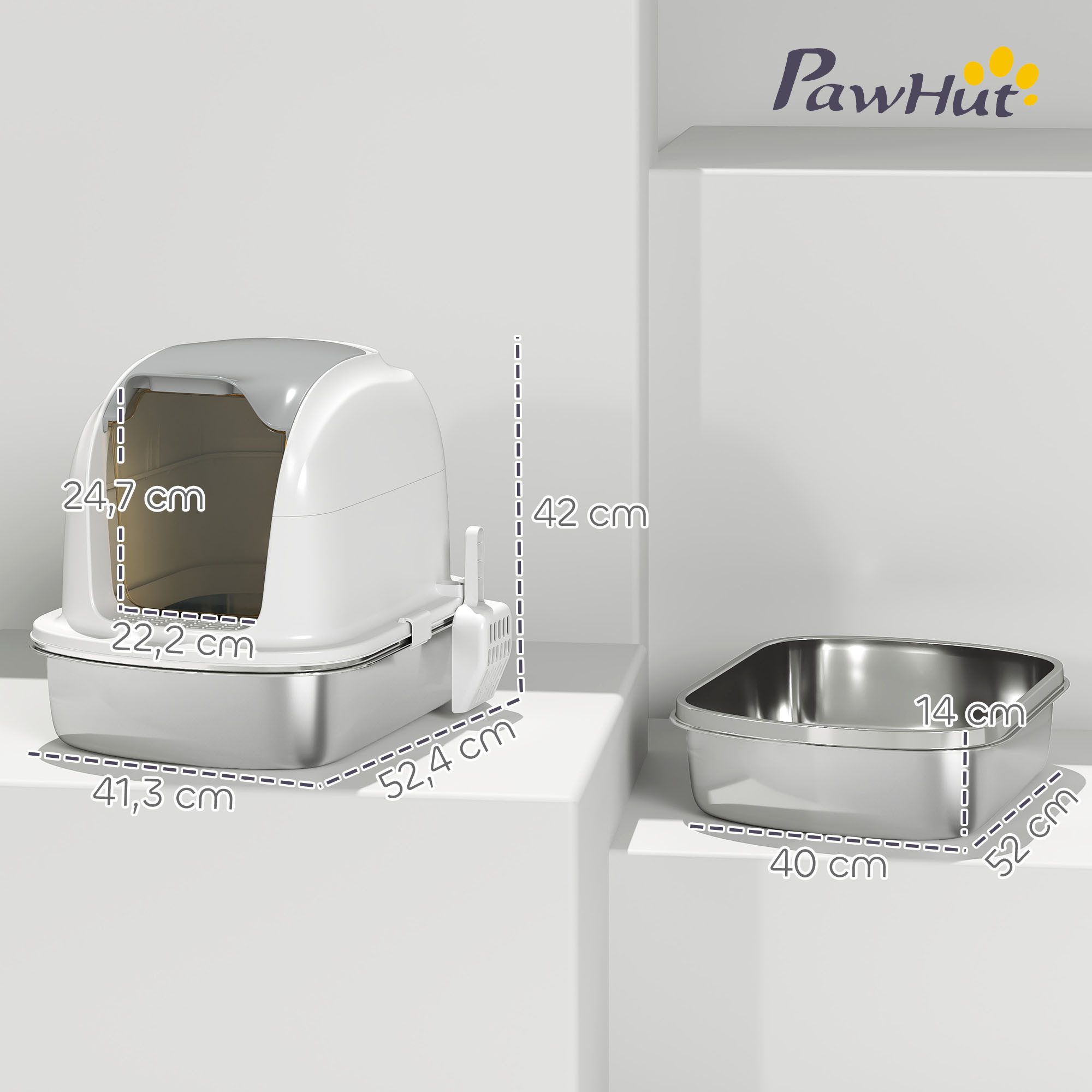PawHut Katzentoilette Katzenklo Edelstahl mit Deckel, Wanne, Streuschaufel, für Katzen unter 5 kg, Weiß