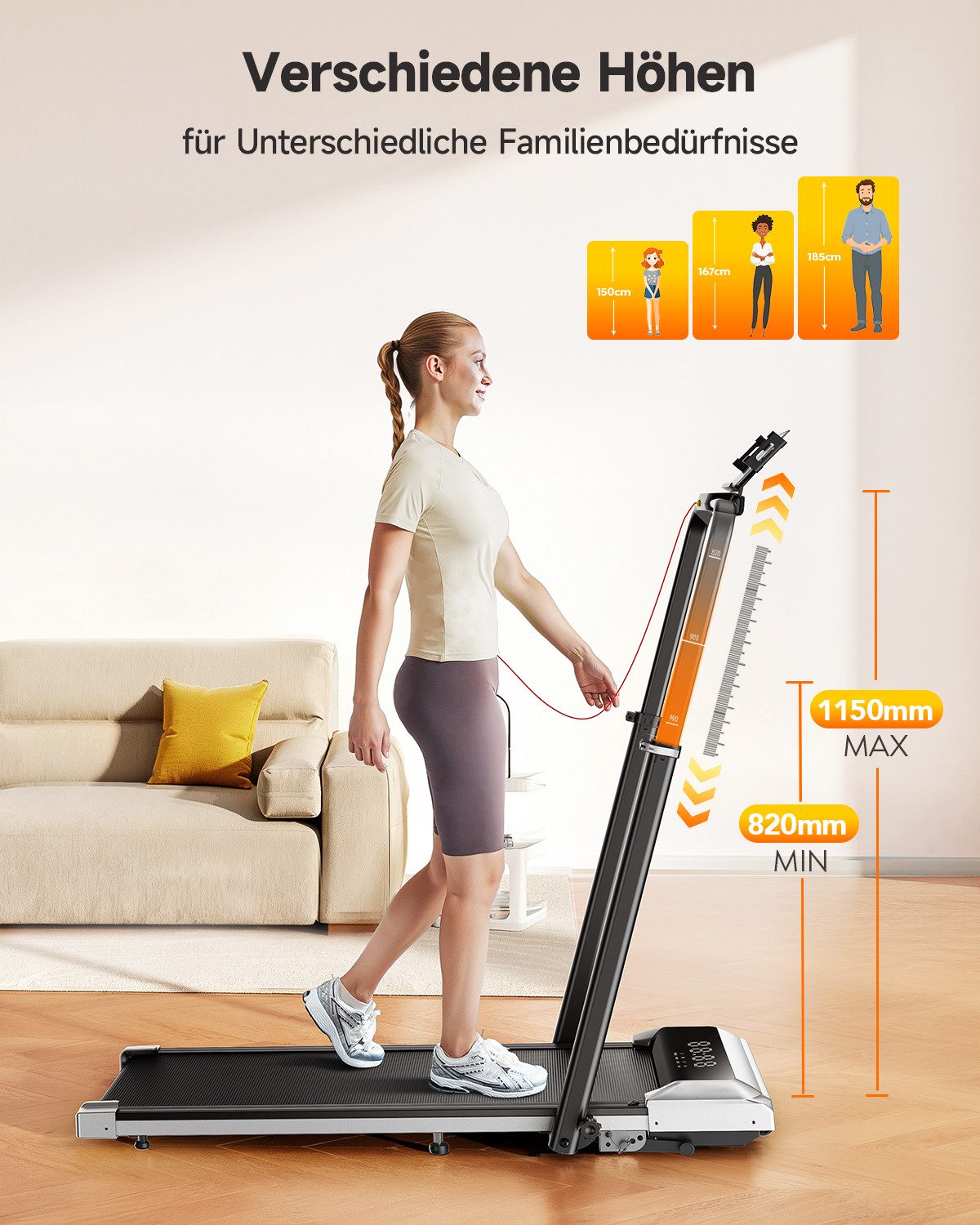 Laresar Laufband 12% Steigung, 6-in-1 zum Gehen und Laufen 0,75-2,5 PS Faltbares, mit höhenverstellbarer Armlehne LED-Display Indoor-Heimtrainer