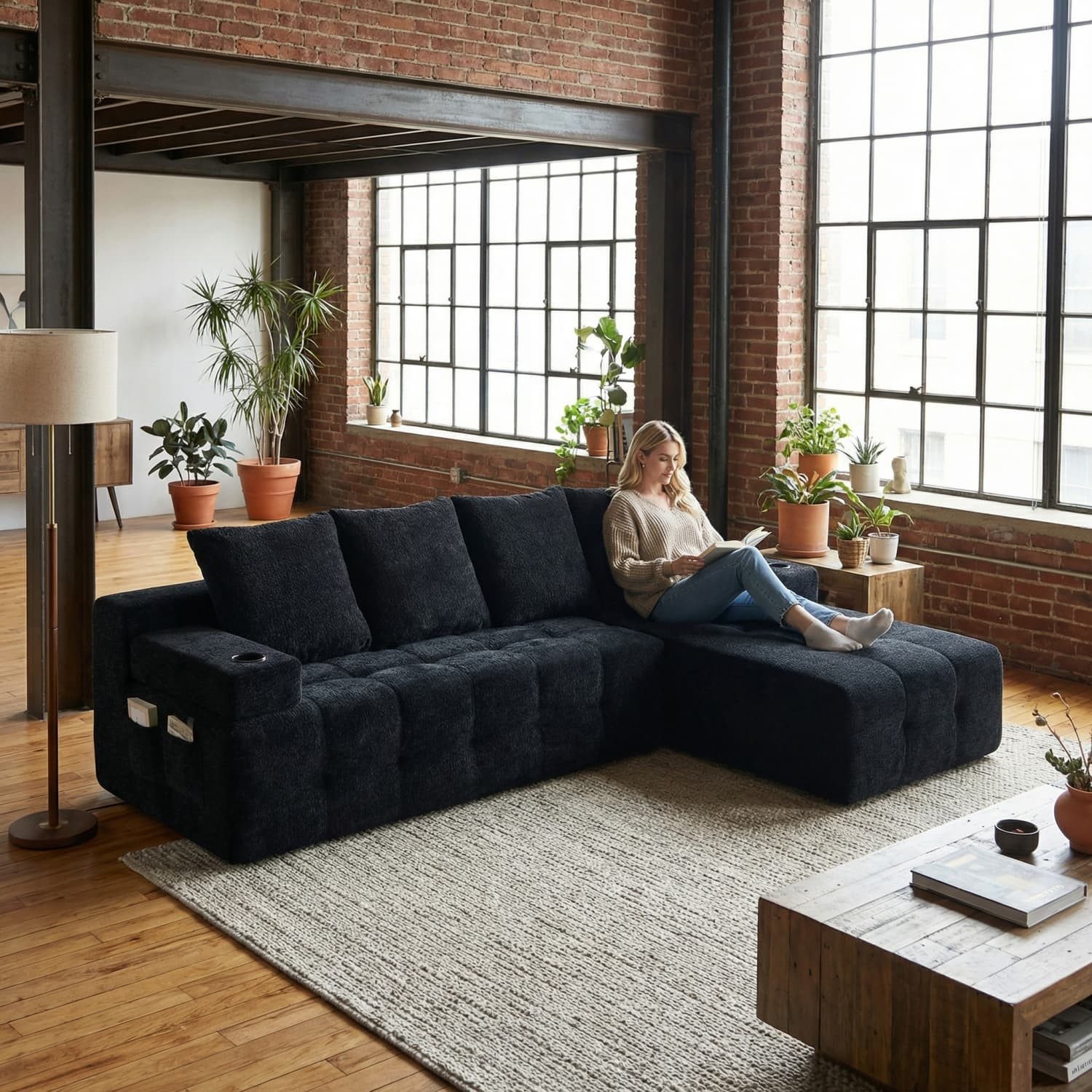 autolock Big-Sofa Chenille-L-Form moderner Sitzsofa mit umkehrbarer Chaise-Lounge, minimalistisches Design,Seitenfach,2 Tassenhalter,bequeme Sitzposition