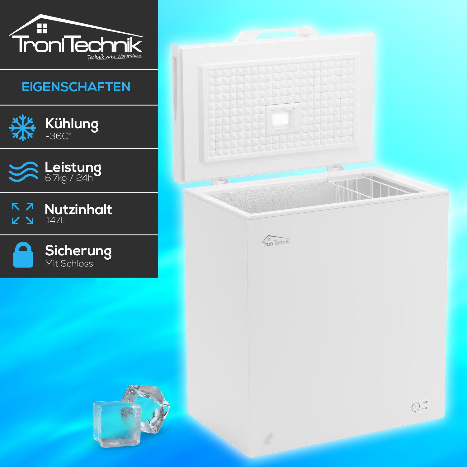 TroniTechnik Gefriertruhe Einstellbarer Temperaturregler, kühlen und gefrieren BORGAR 160 PRO, 70 cm breit, 147 l, inkl. Dual Thermostat, LED Licht, Griff, Schloss, Rollen, Einlegekorb