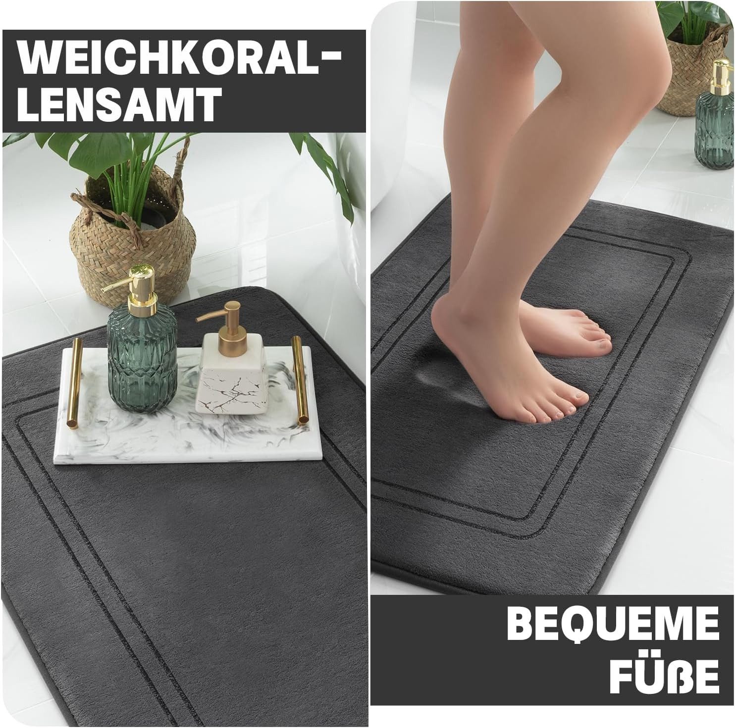FELIXLEO Badematte Badematten Set 3-teilig, Memory-Schaum & rutschfest, Anthrazit