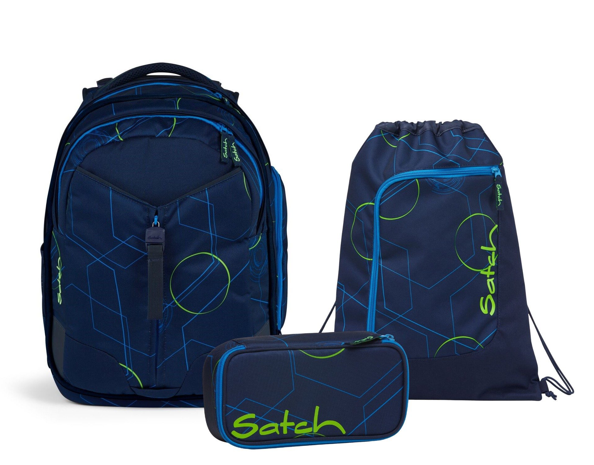 Satch Schulranzen Schulrucksack-Set MATCH Blue Tech 3-teilig, Kollektion 2024 (3-teilig), Laptop-Fach, Your-Size-System, Schulranzen