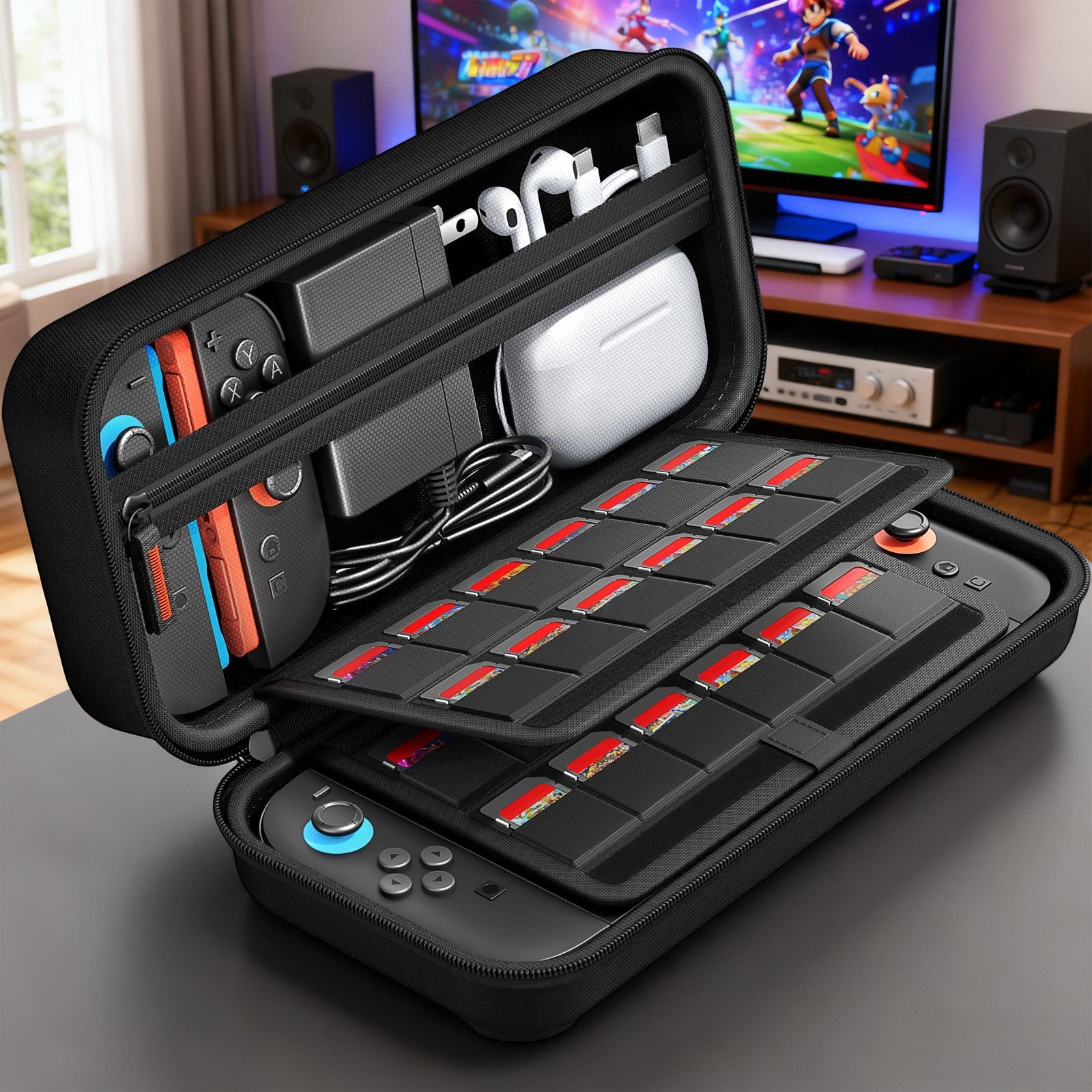 MODFU Nintendo-Schutzhülle Schutztasche Zubehör-Tasche Transporttasche Schutzkoffer Zubehörbox 28 cm (11 Zoll), mit 20 Spielkartenschlitzen großer Stauraum für Zubehörfächern
