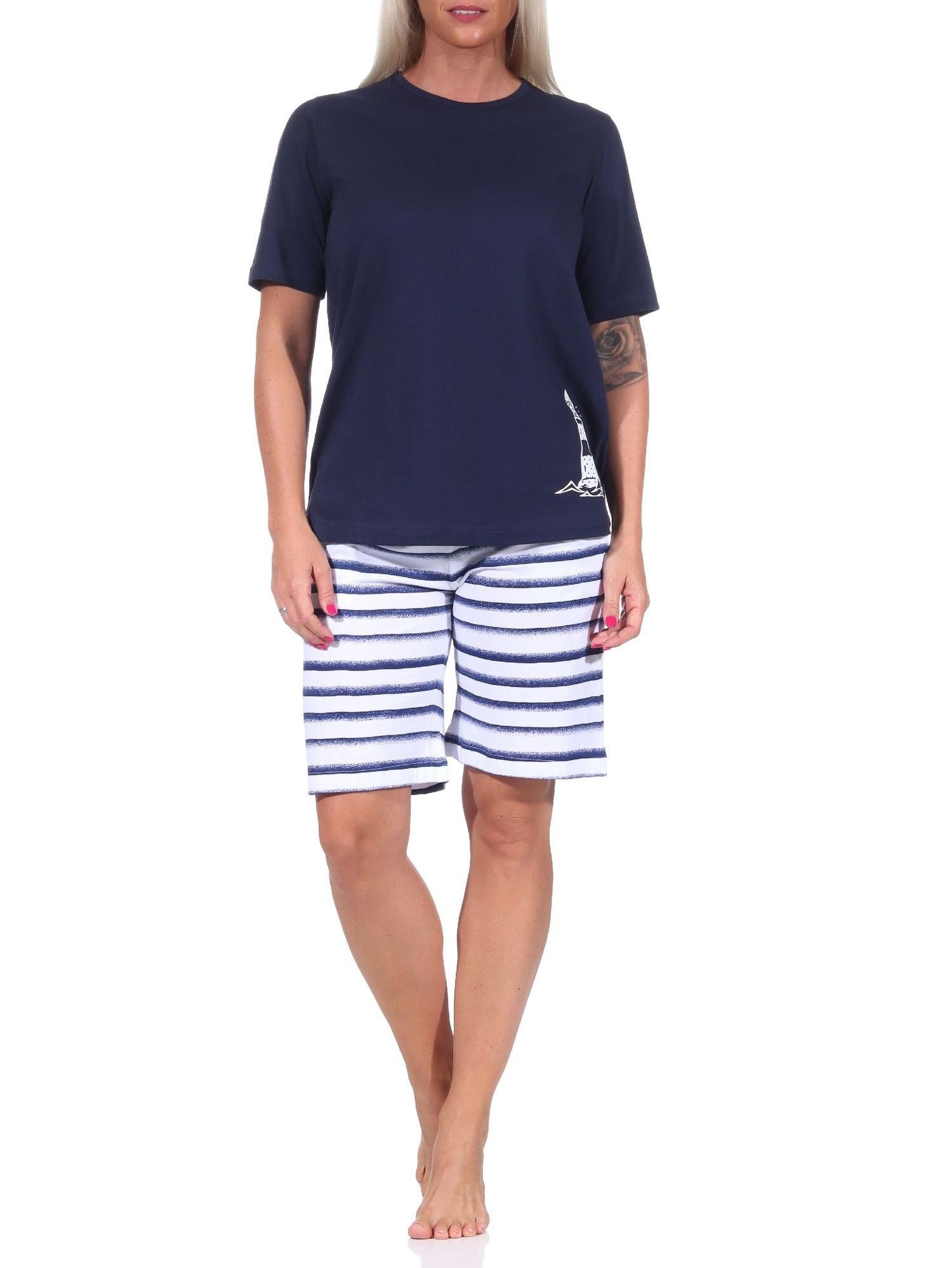 Normann Pyjama Maritimer Damen kurzarm Shorty Schlafanzug, Top mit Leuchturm Motiv