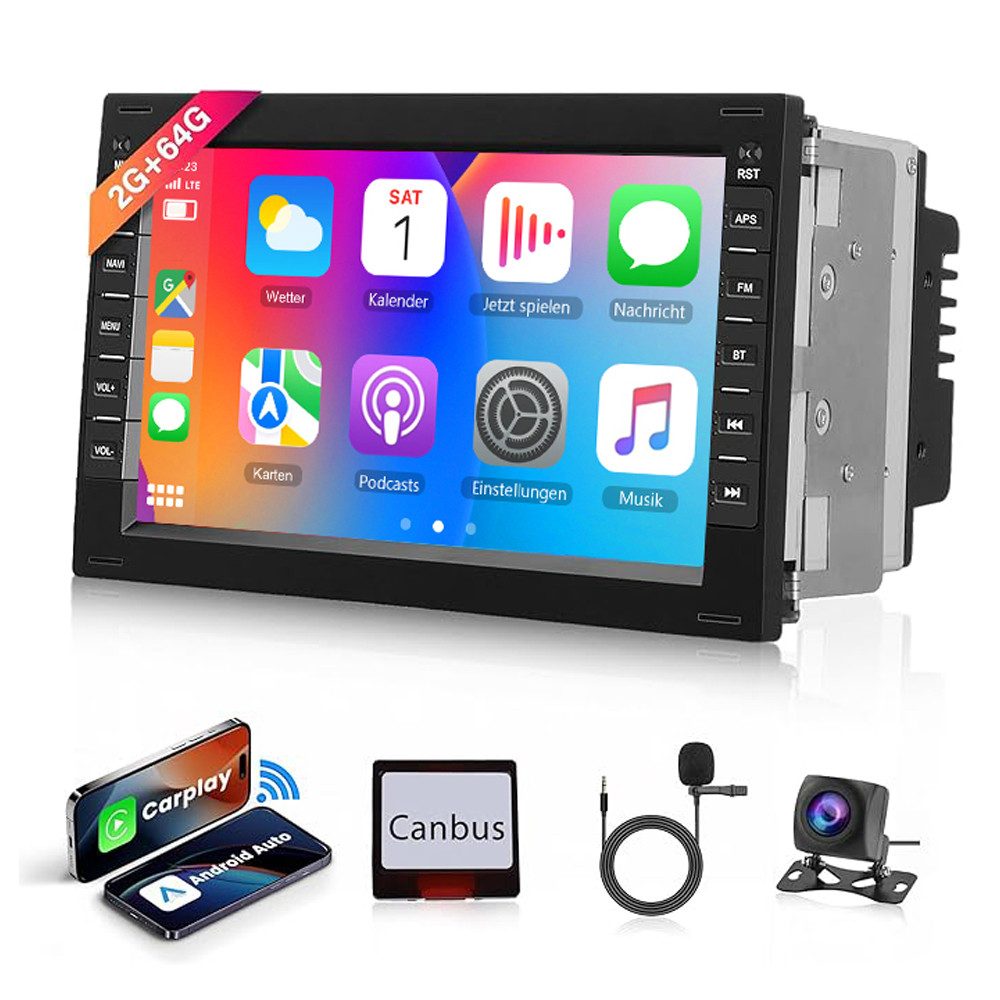 2 Din 7" Android 15 mit Kabelloses CarPlay, Rückfahrkamera für VW Autoradio