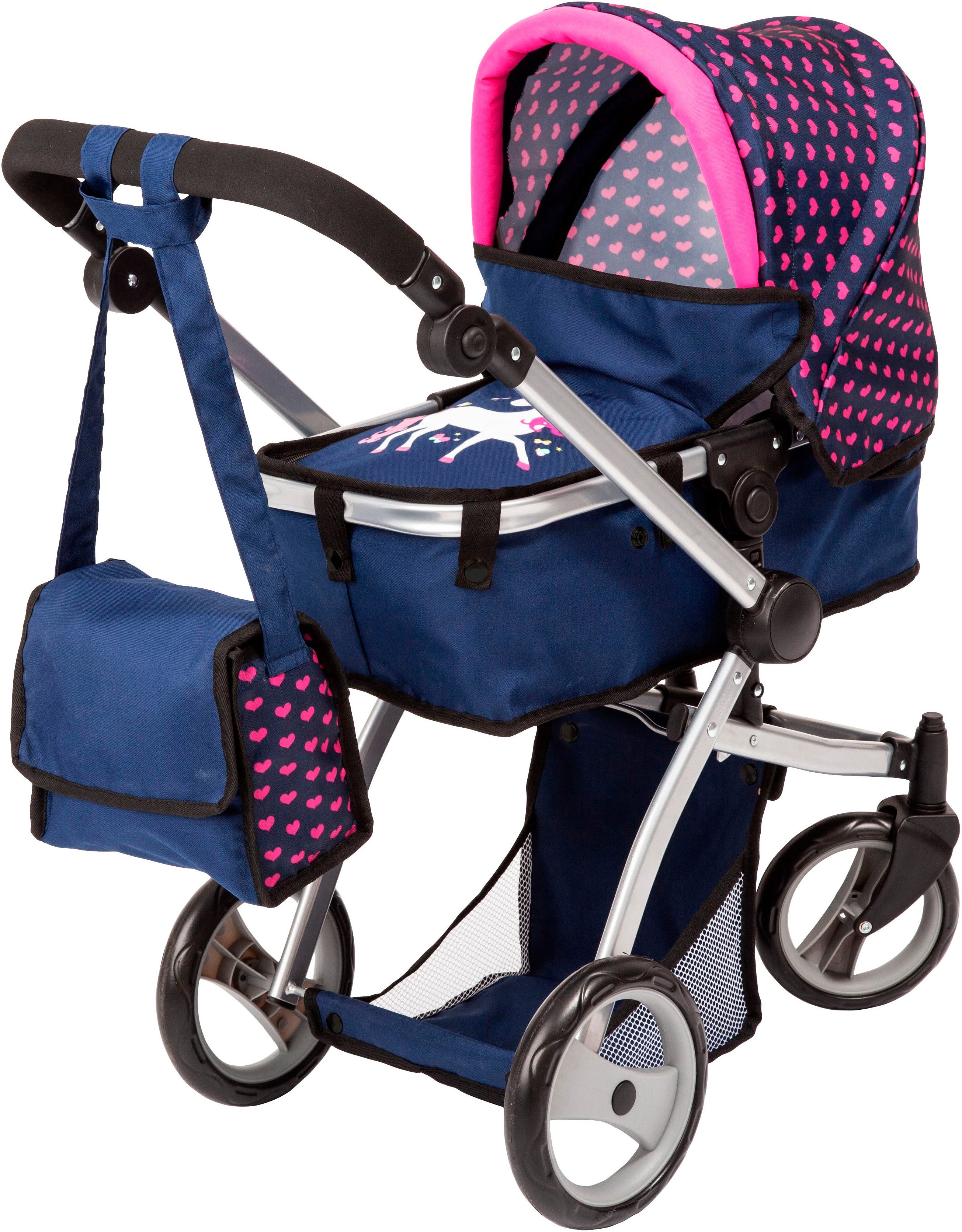Bayer Puppenwagen Mega, blau, (Set), mit Reisebett, Schlafsack, Puppentrage, Wickeltasche und Zubehör