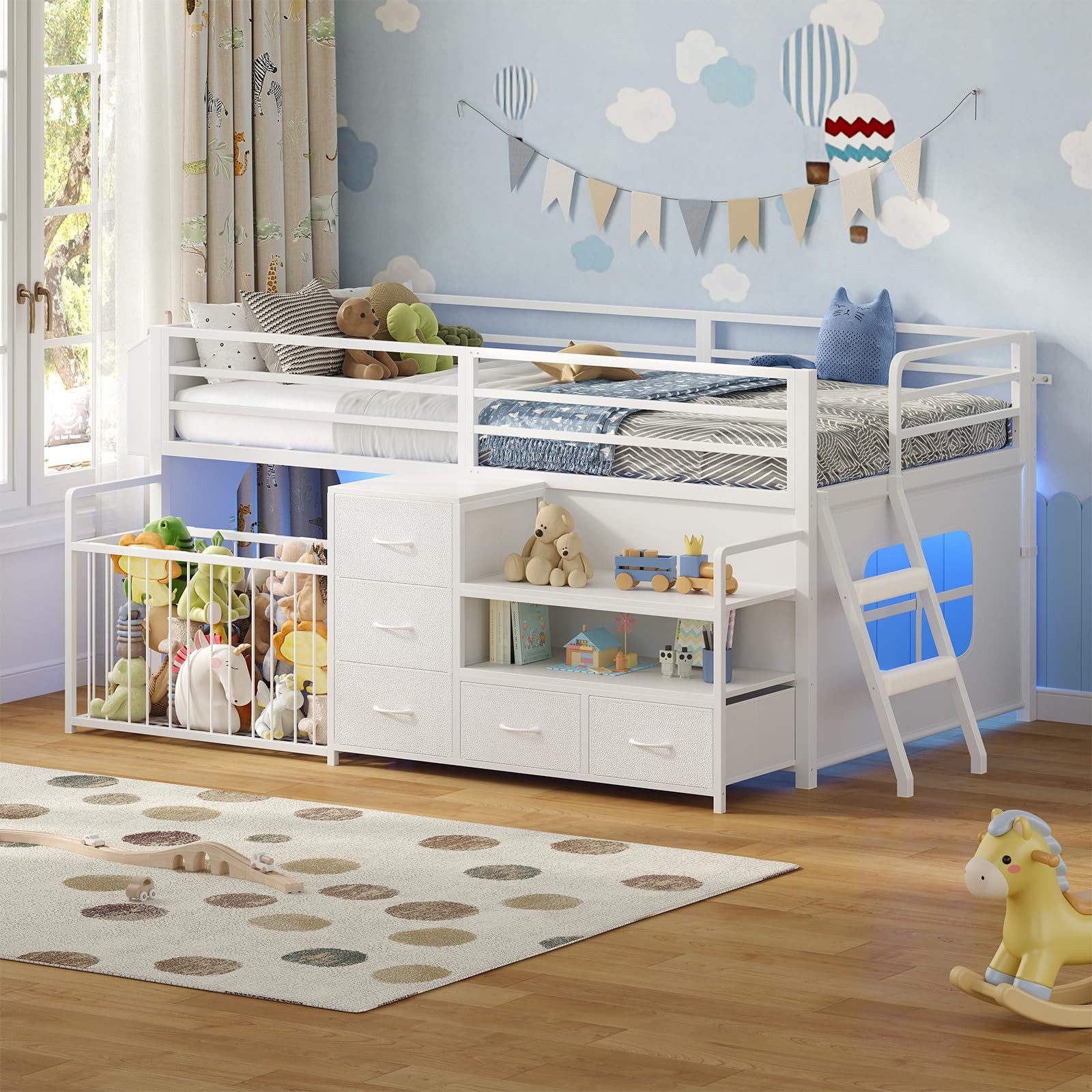 KIMENICH Kinderbett mit 5 Schubladen, LED-Beleuchtung, Spielbereich unter dem Bett, Weiß (1-tlg), Intelligente App-LED-Beleuchtung, Multifunktionales Stauraum-System