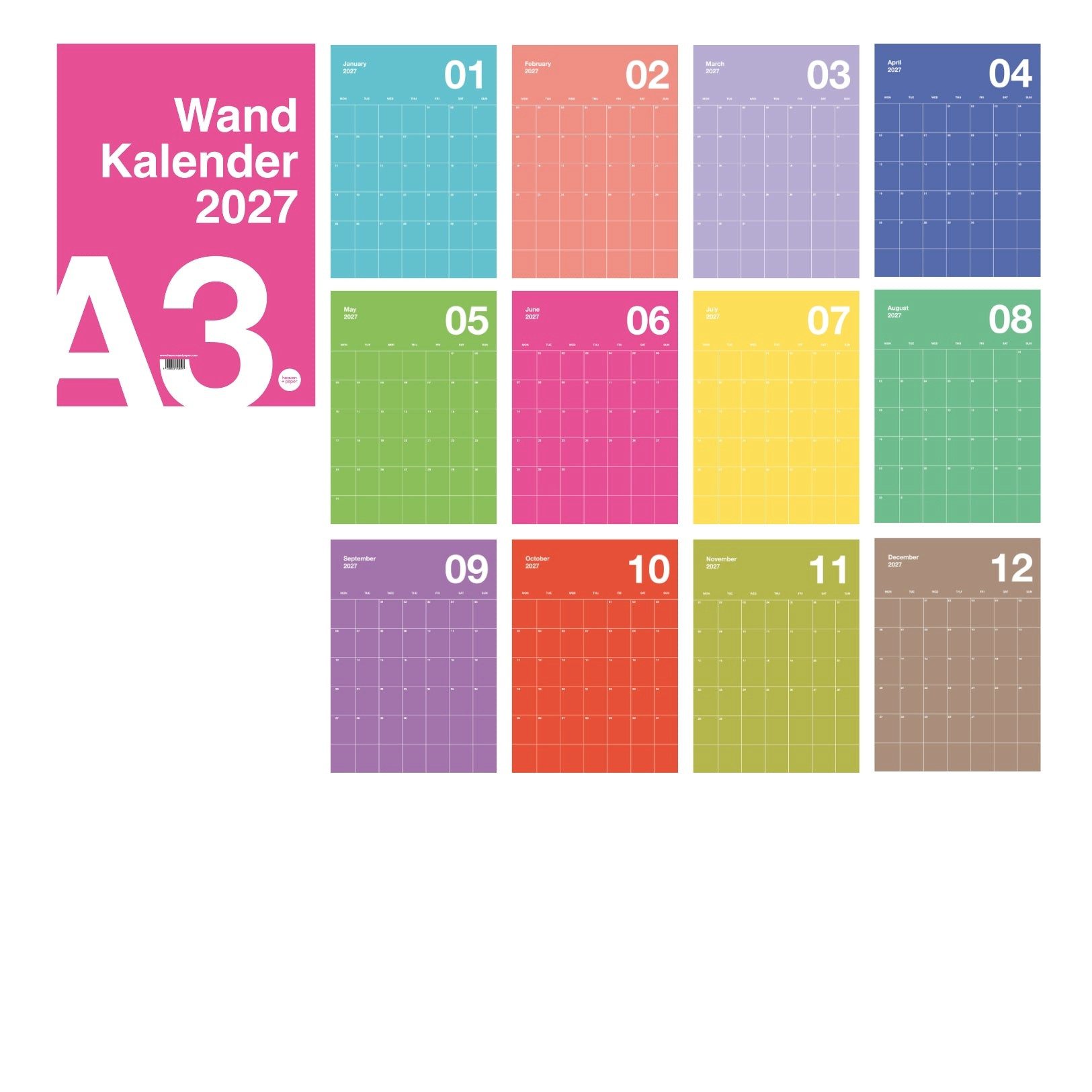 heaven+paper Jahresplaner A3 Bunter Design Wandkalender 2026 Knallig, hochwertig, Hergestellt in Deutschland
