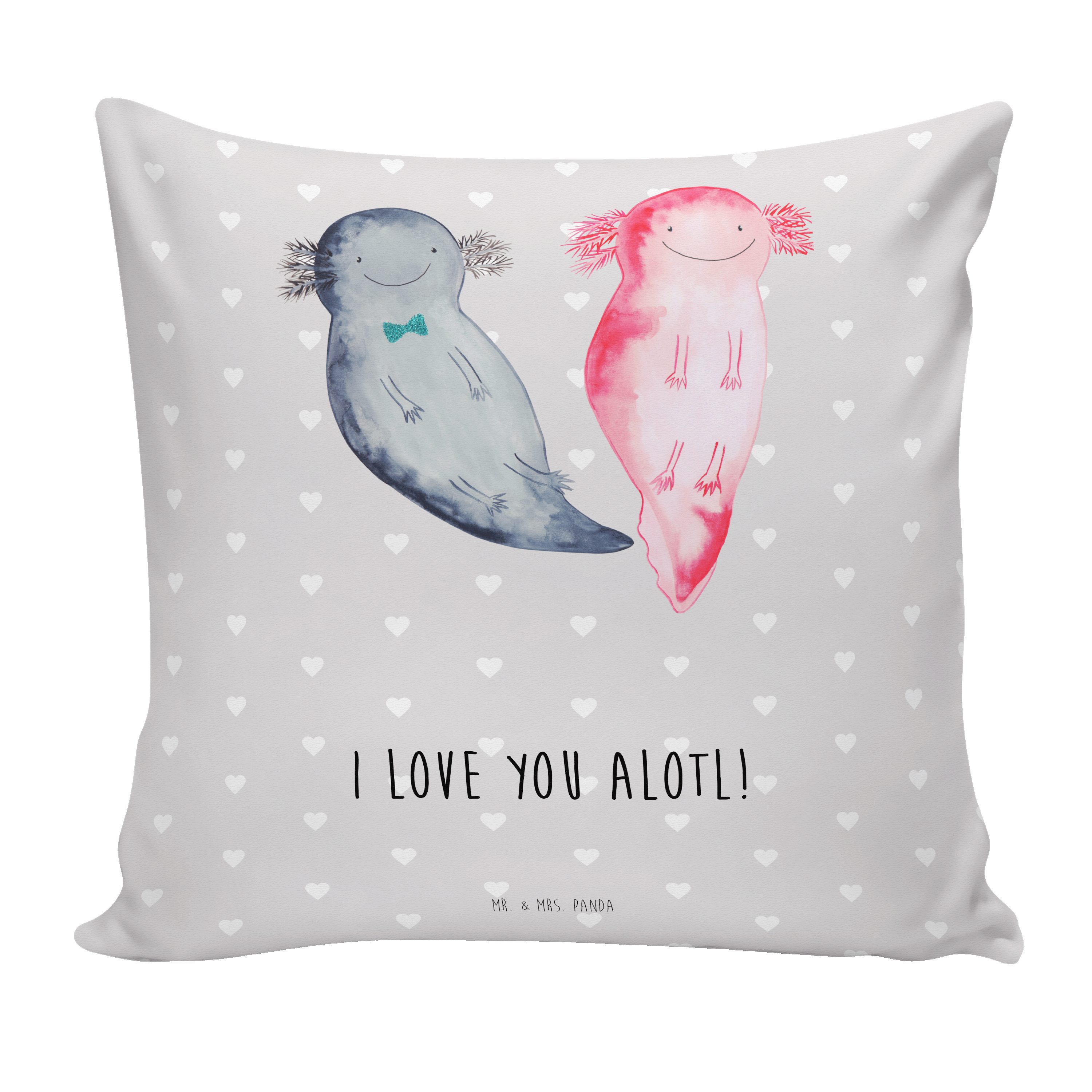 Mr. & Mrs. Panda Dekokissen Axolotl Liebe - Grau Pastell - Geschenk, Kopfkissen, Jahrestag, Liebe