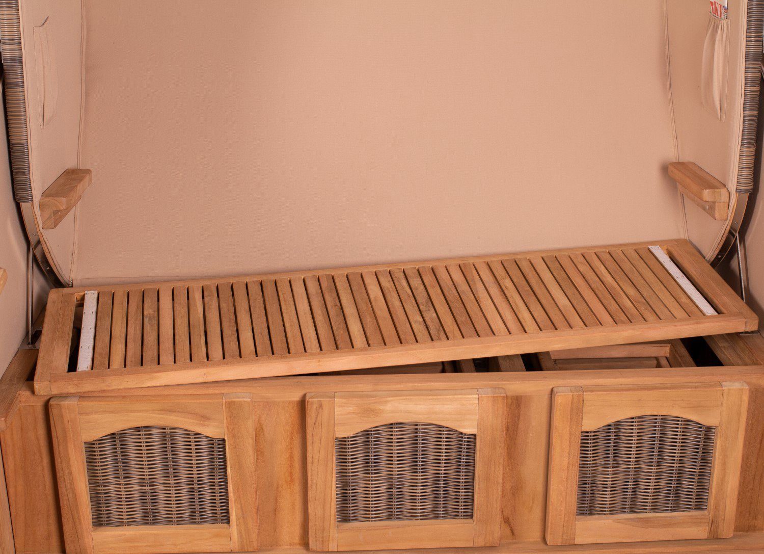 bene living Strandkorb Ammersee 3-Sitzer Teak - PE grau - Modell 537, BxTxH: 170x95x170 cm, Volllieger ca. 175 Grad, Ostsee-Strandkorb Komplettset, inkl. Liftersystem und Bullaugen