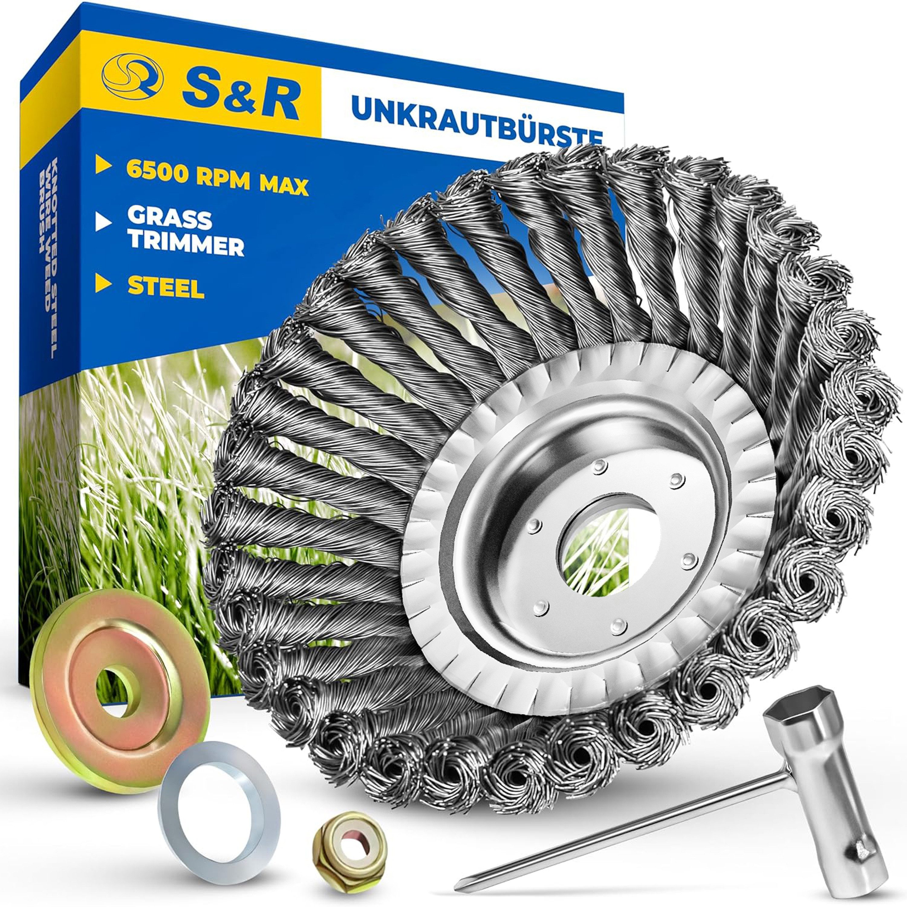 S&R Drahtbürste Stahlbürste, Unkrautbürste 150 mm x 25,4 mm, für Rasentrimmer, (Set, 5-TLG Set mit Zubehör), Motorsense Freischneider, gegen Unkraut, Moos, starke Verunreinigungen