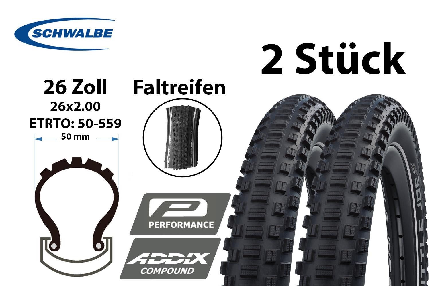 Fahrradreifen 2 Reifen 26 Zoll Schwalbe LITTLE JOE 26x2.00 faltbar 50-559 Reflex