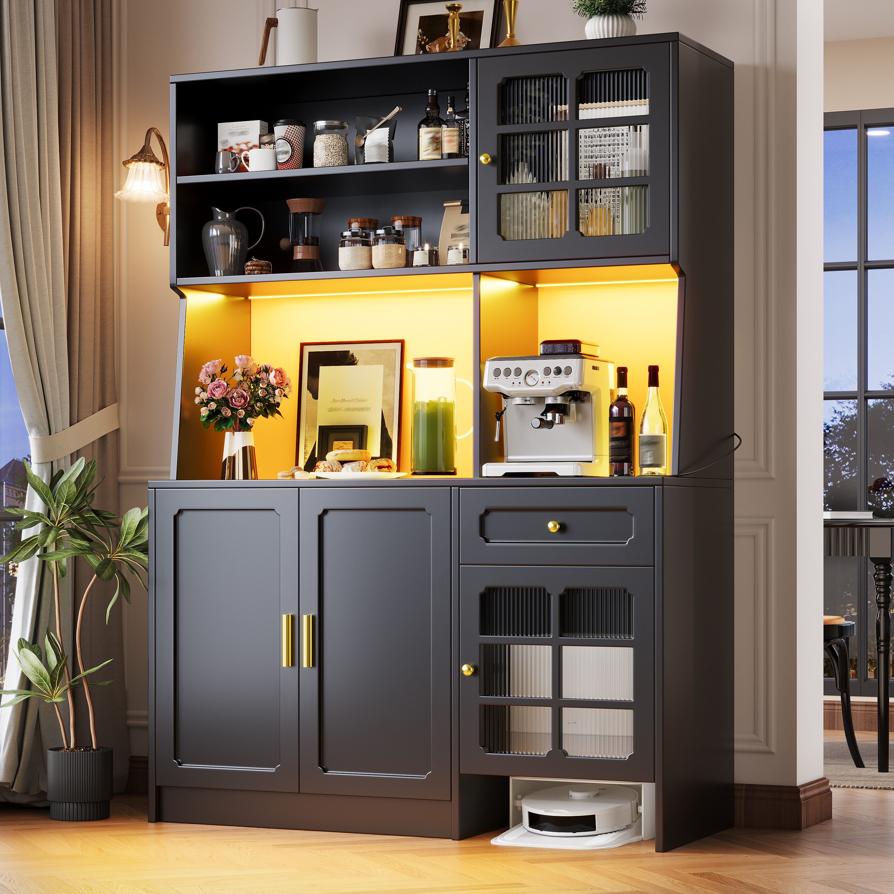 Fine Life Pro Sideboard Hochschrank schwarz, Glastüren, LED, Sideboard, 130x45x180 cm
