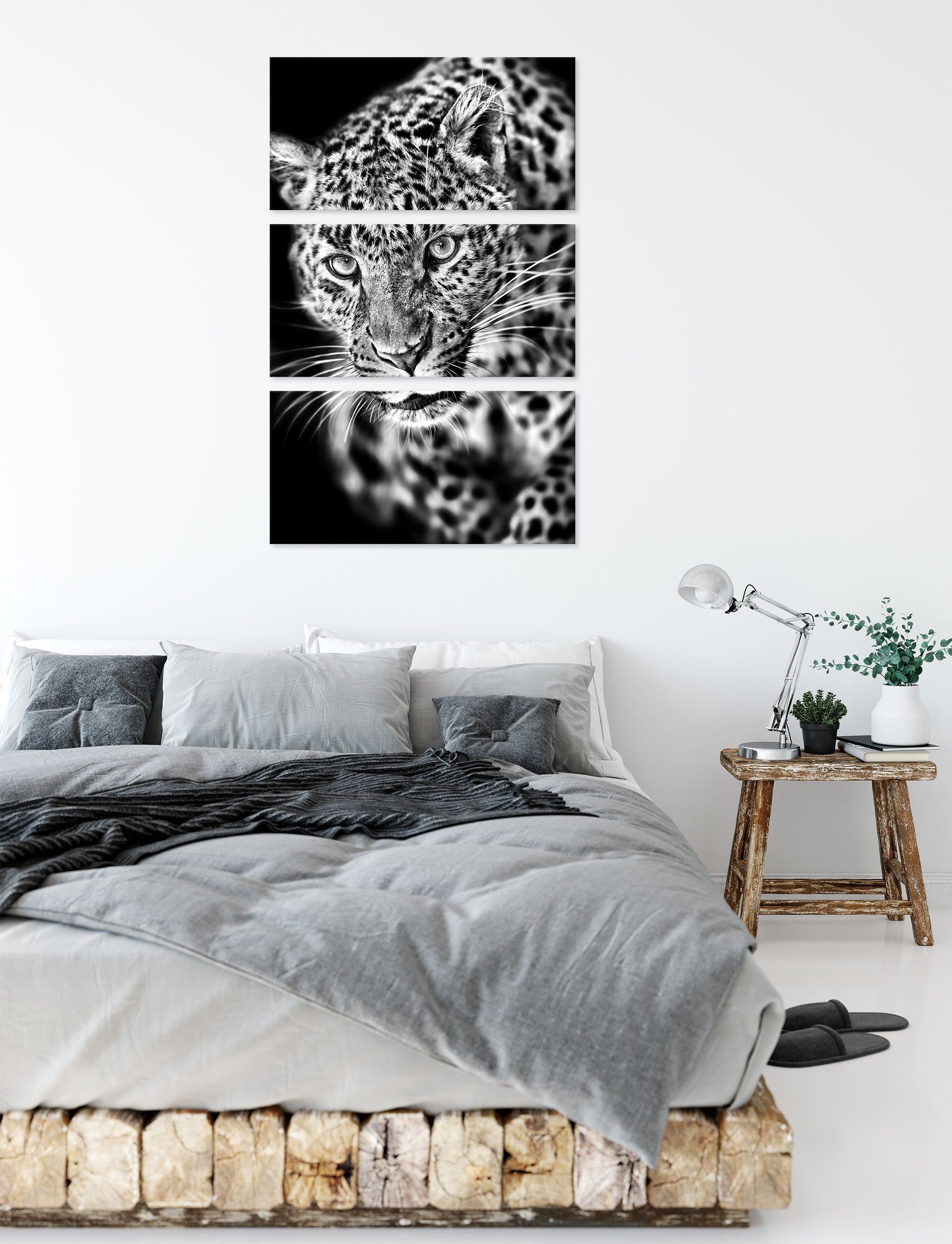 inkl. Leopard, (120x80cm) Pixxprint Leopard Leinwandbild (1 Anmutiger St), Leinwandbild 3Teiler Anmutiger Zackenaufhänger fertig bespannt,