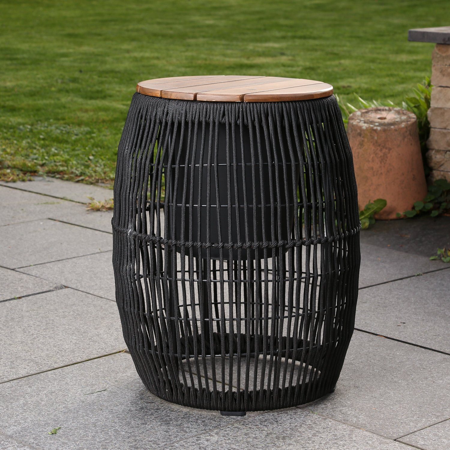MARELIDA Gartentisch Beistelltisch fassförmig mit (1-St) Gartenmöbel Deckel schwarz Behälter 49cm